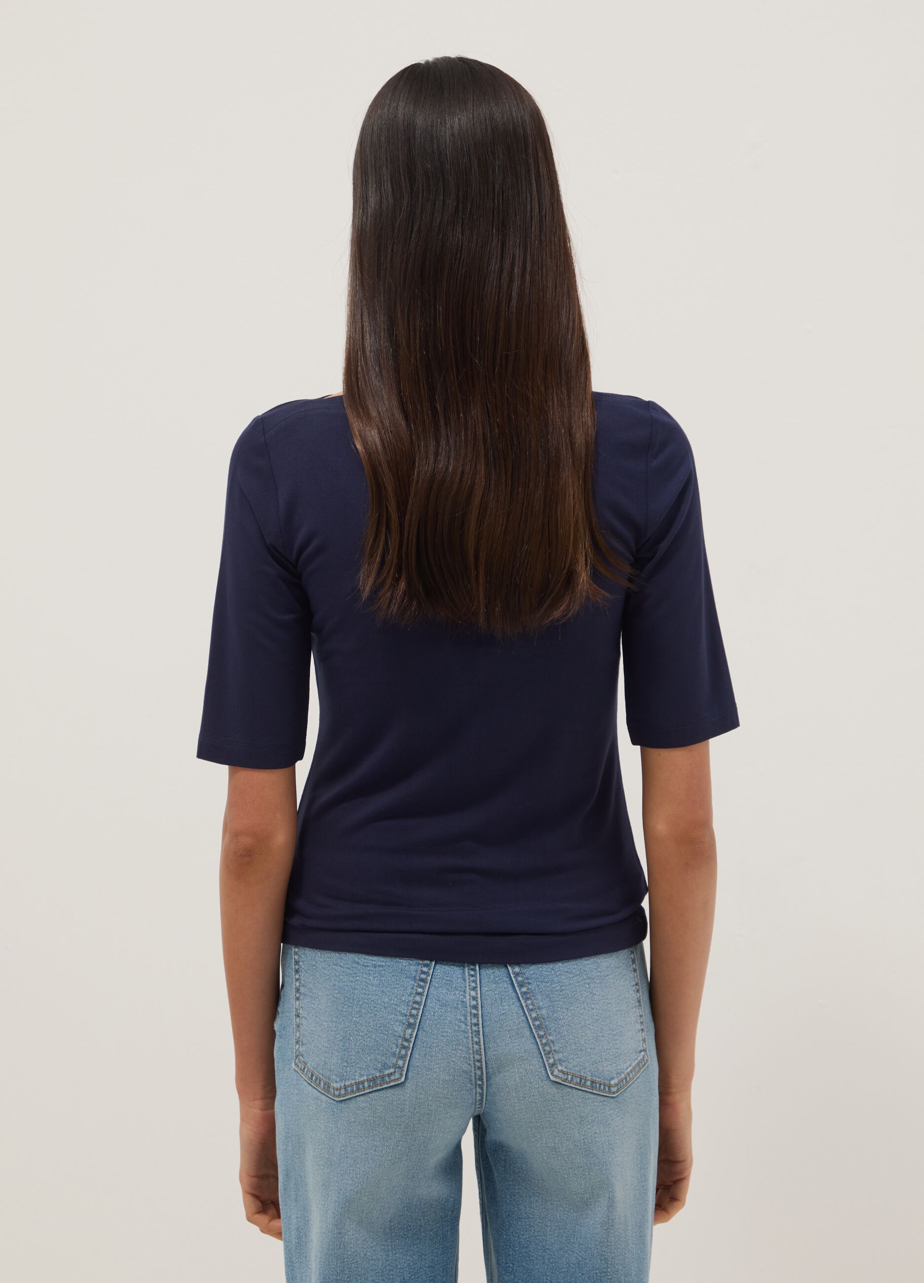 Regular fit blue stretch viscose boat neckline T-shirt