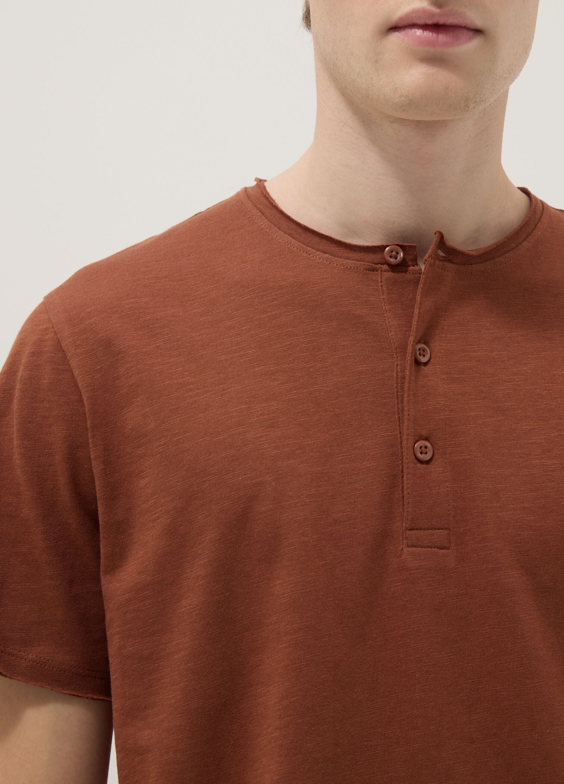 Brown pure cotton regular fit T-shirt with Henley collar