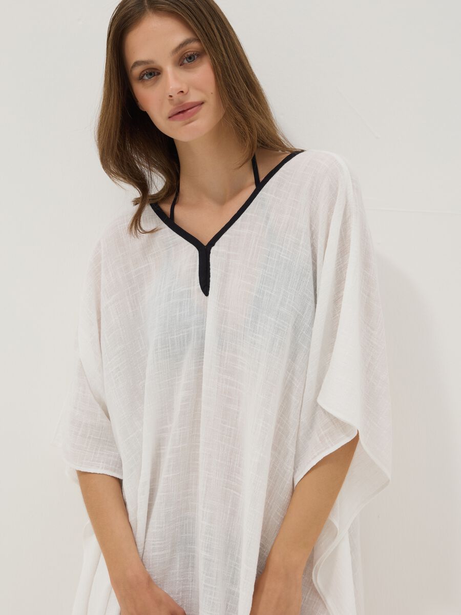 White cotton-viscose blend V-neck kaftan_3