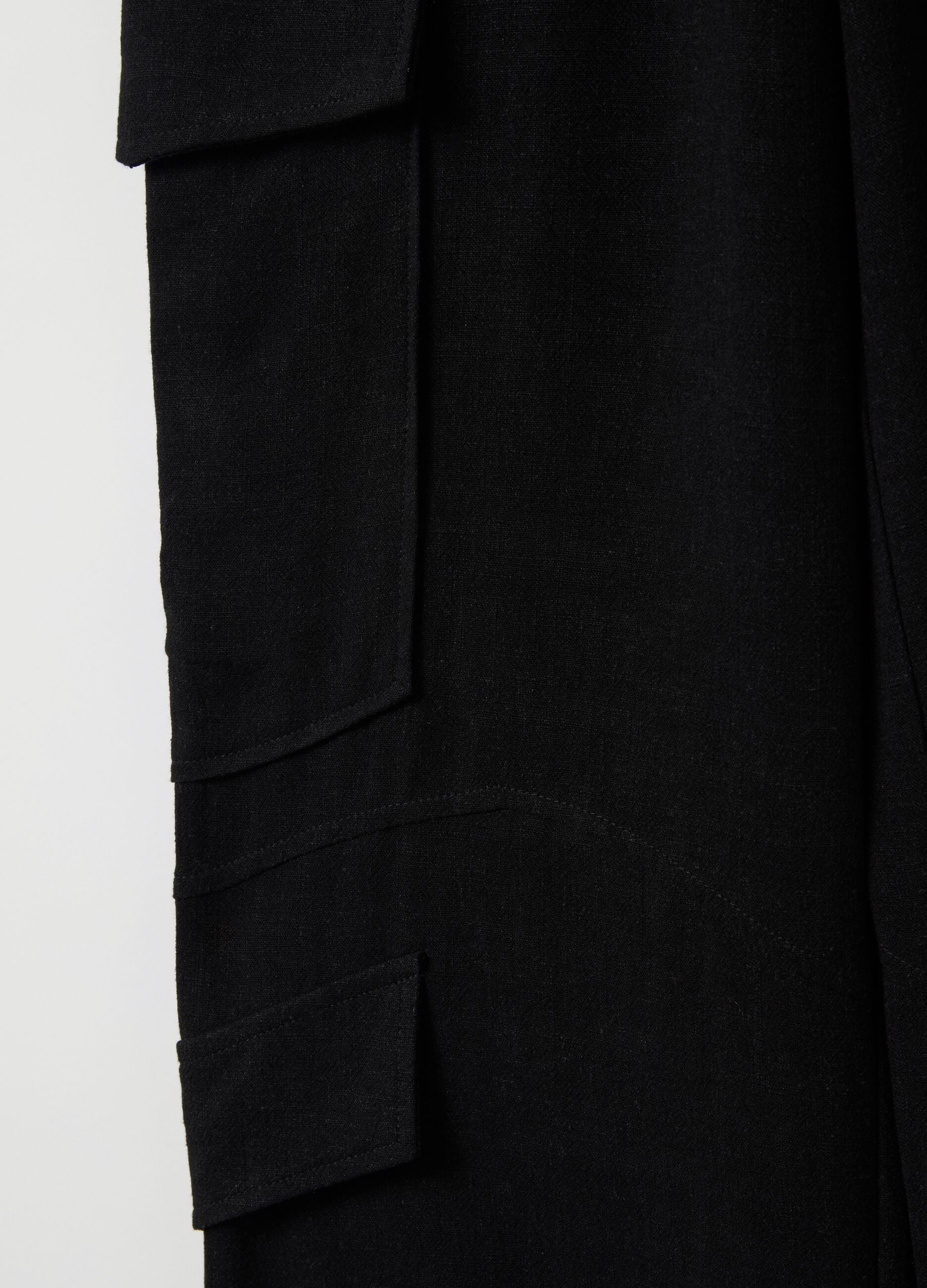 Black Linen Wide-Leg Cargo Trousers