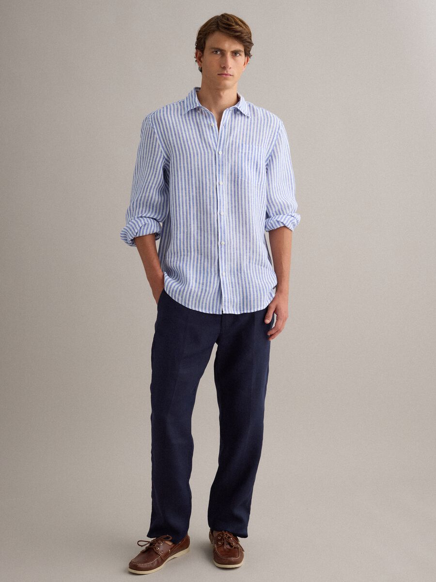 Camicia azzurra a righe in puro lino regular fit_2