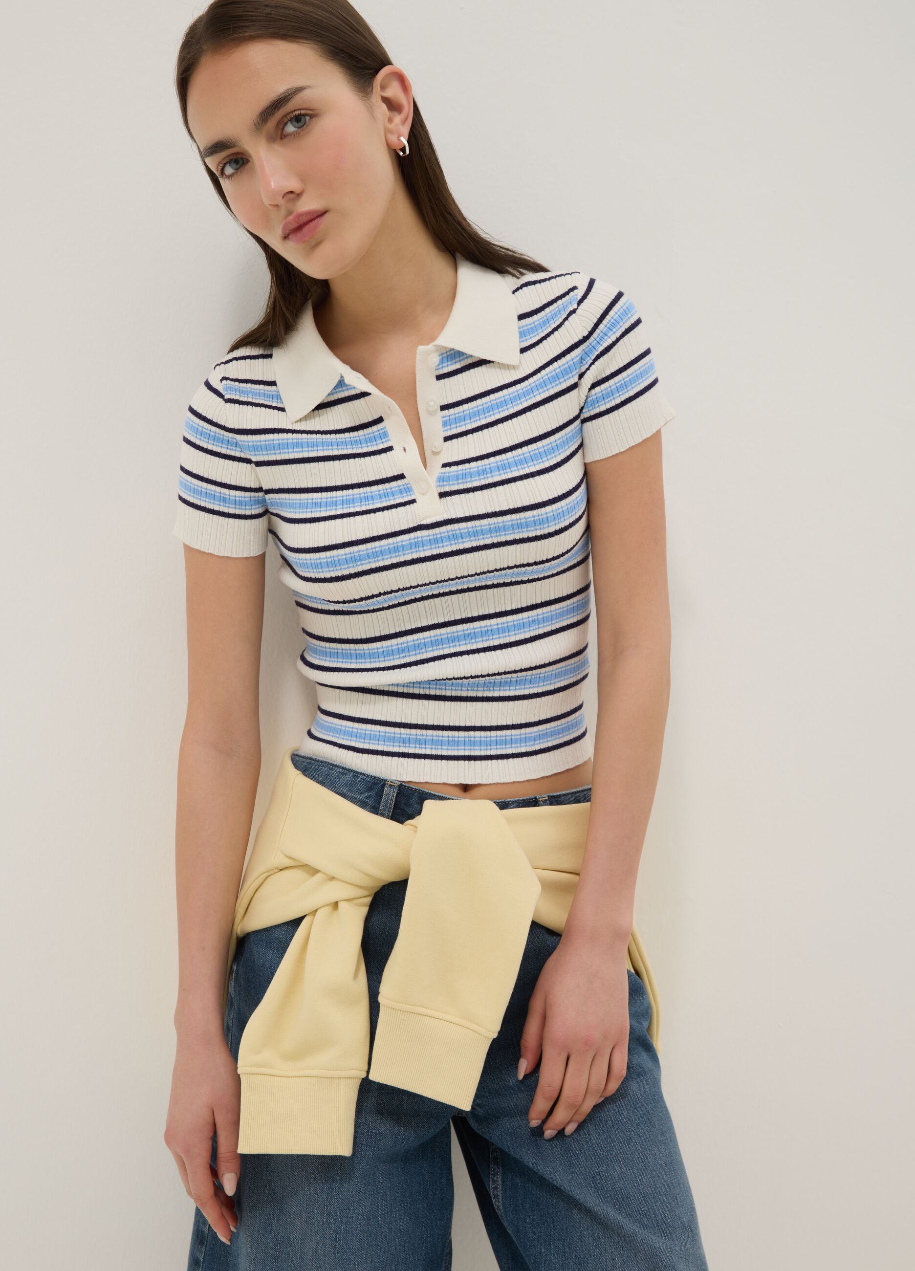 Fitted viscose-blend jumper with multicolour stripes and polo collar