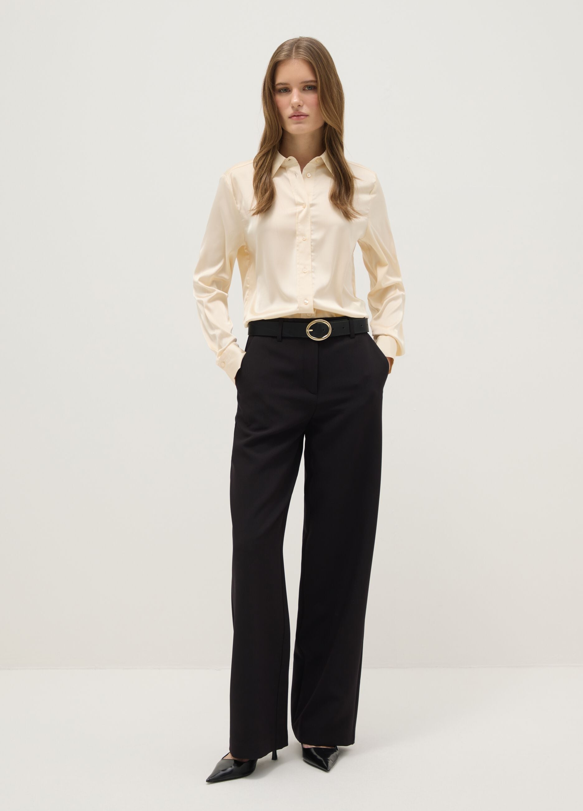 Beige long sleeve satin shirt regular fit