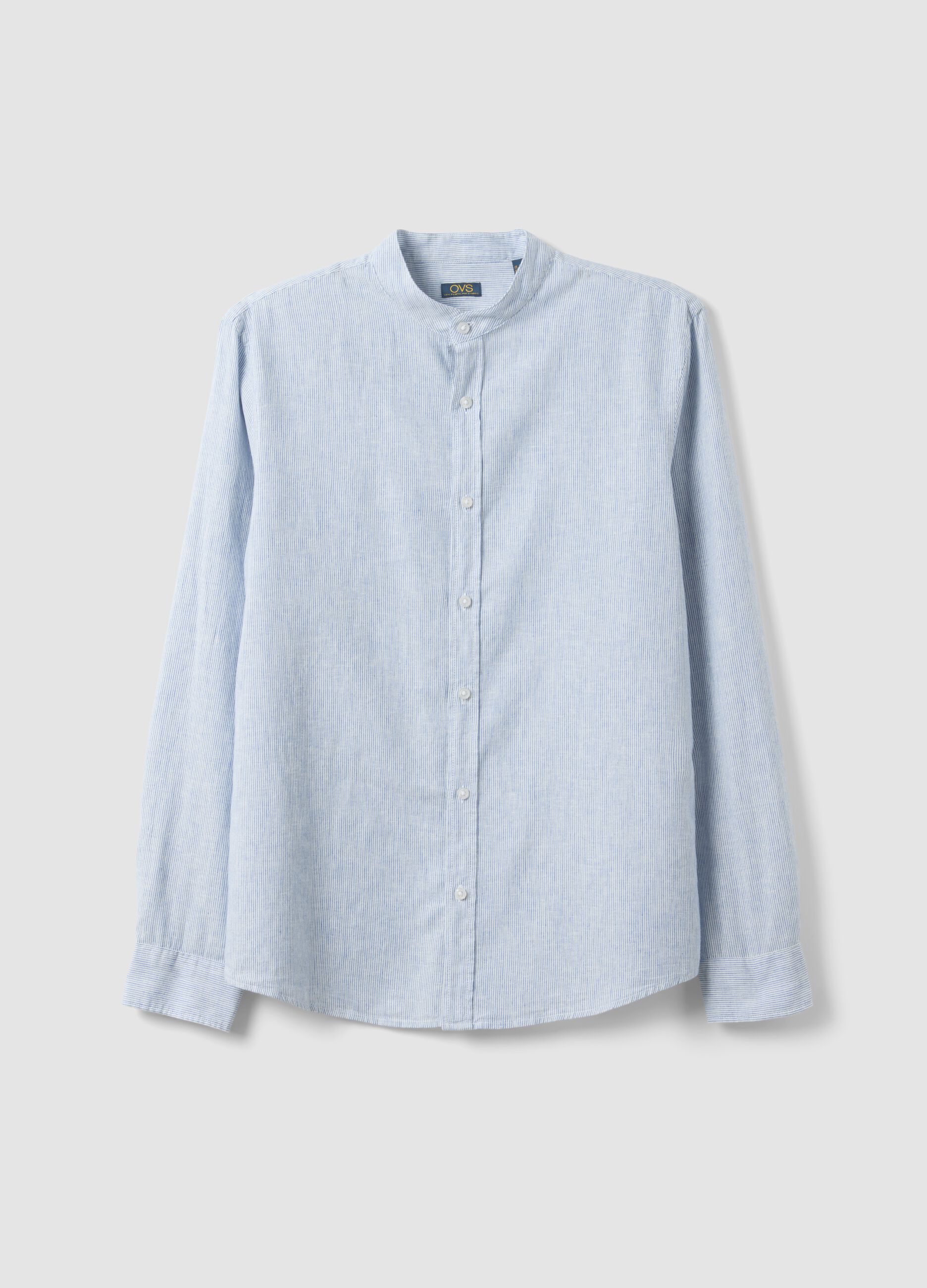 Multicoloured striped shirt with band collar in linen and cotton blend, regular fit