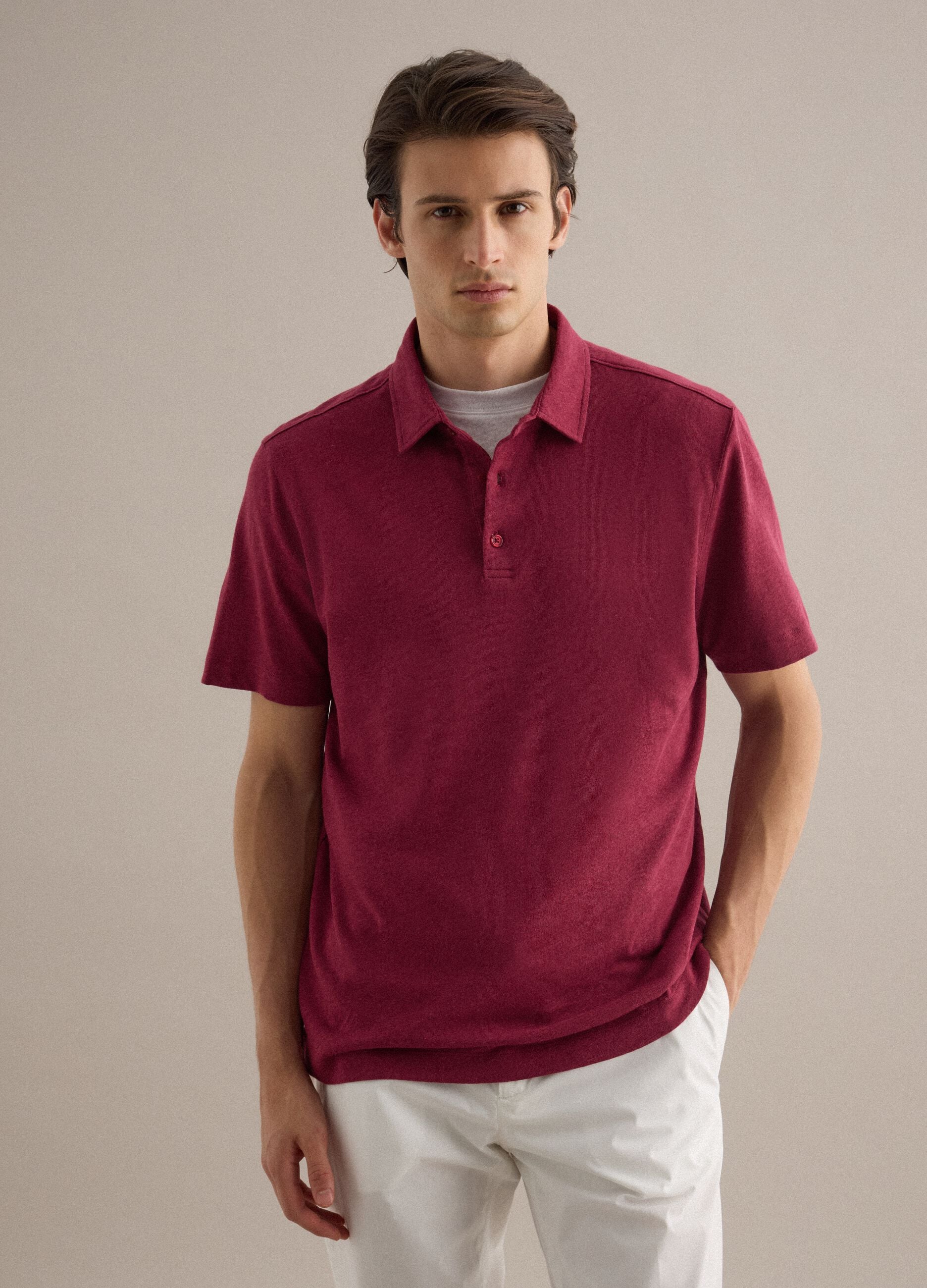 Red regular fit linen-cotton blend polo shirt