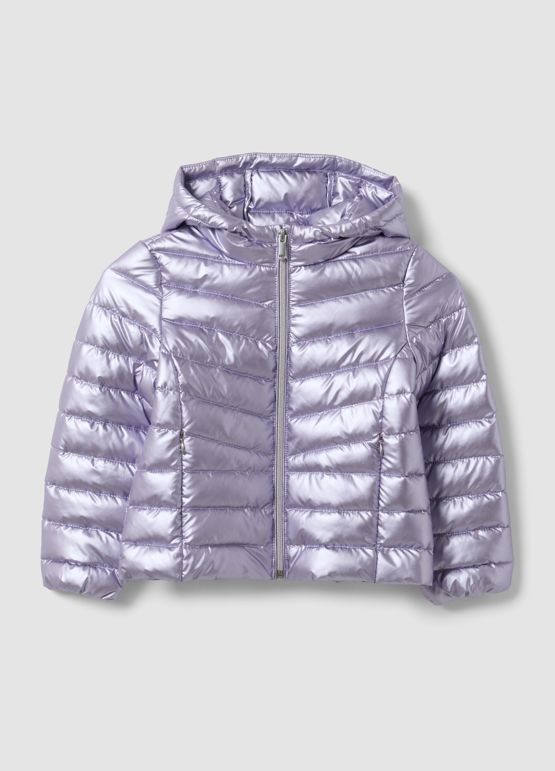 Ultralight purple hooded zip puffer jacket for girls