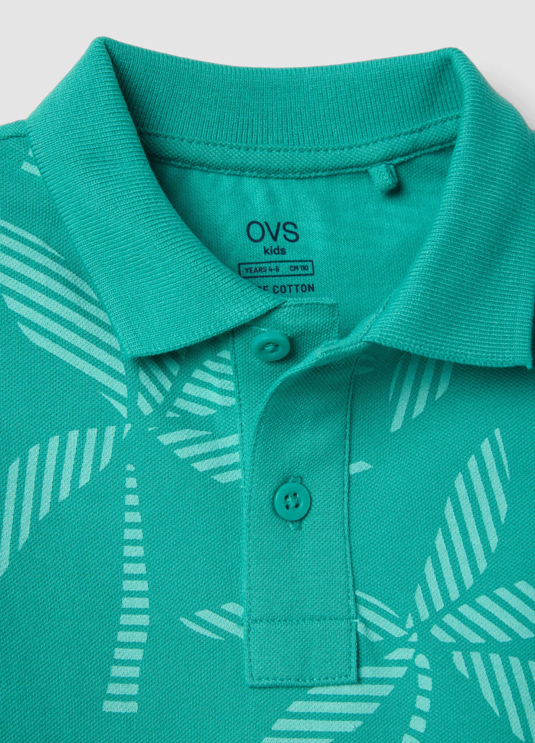 Green pure cotton boys&rsquo; polo shirt, regular fit, with floral design