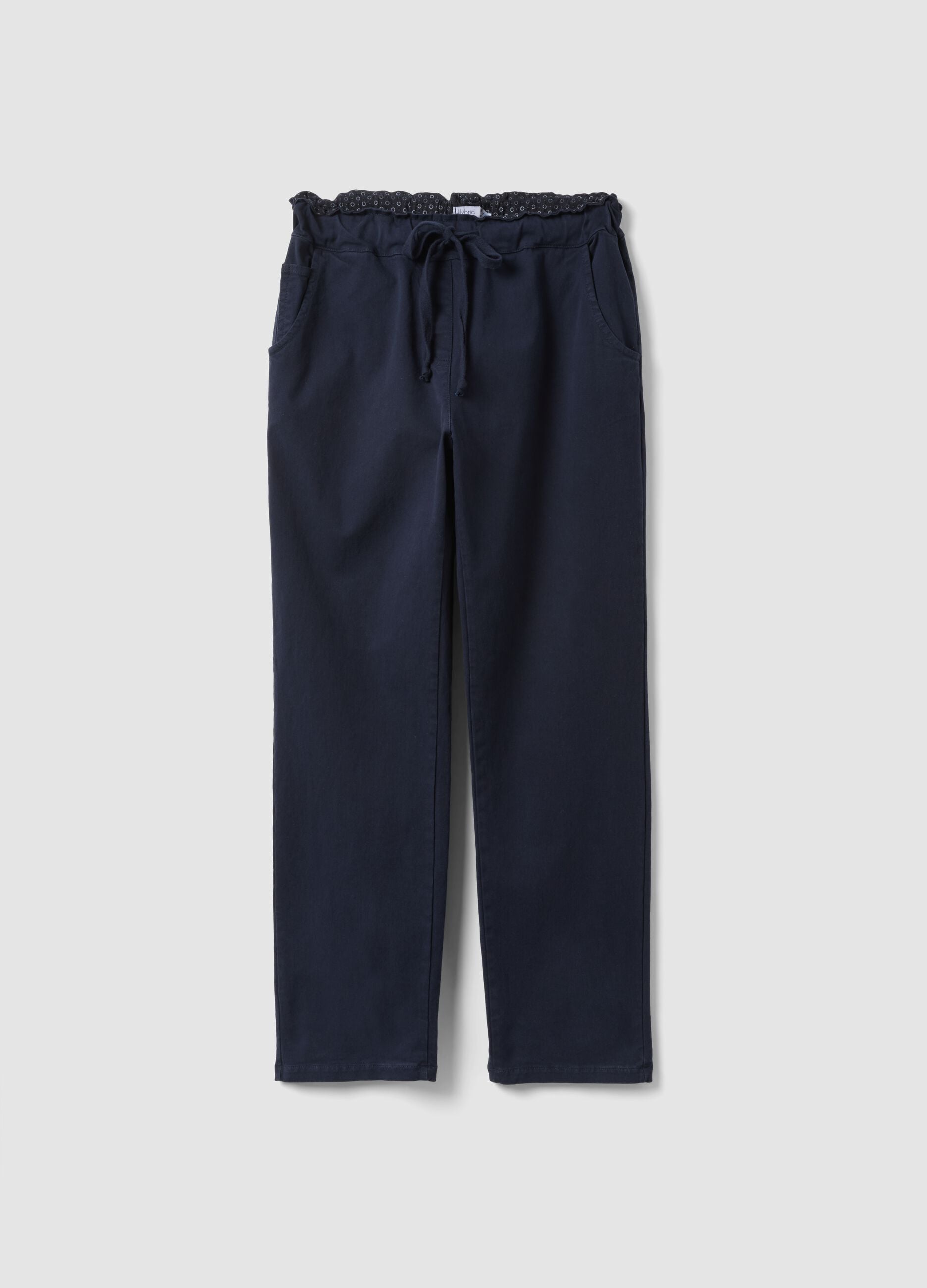 Blue stretch cotton paper bag trousers, regular fit