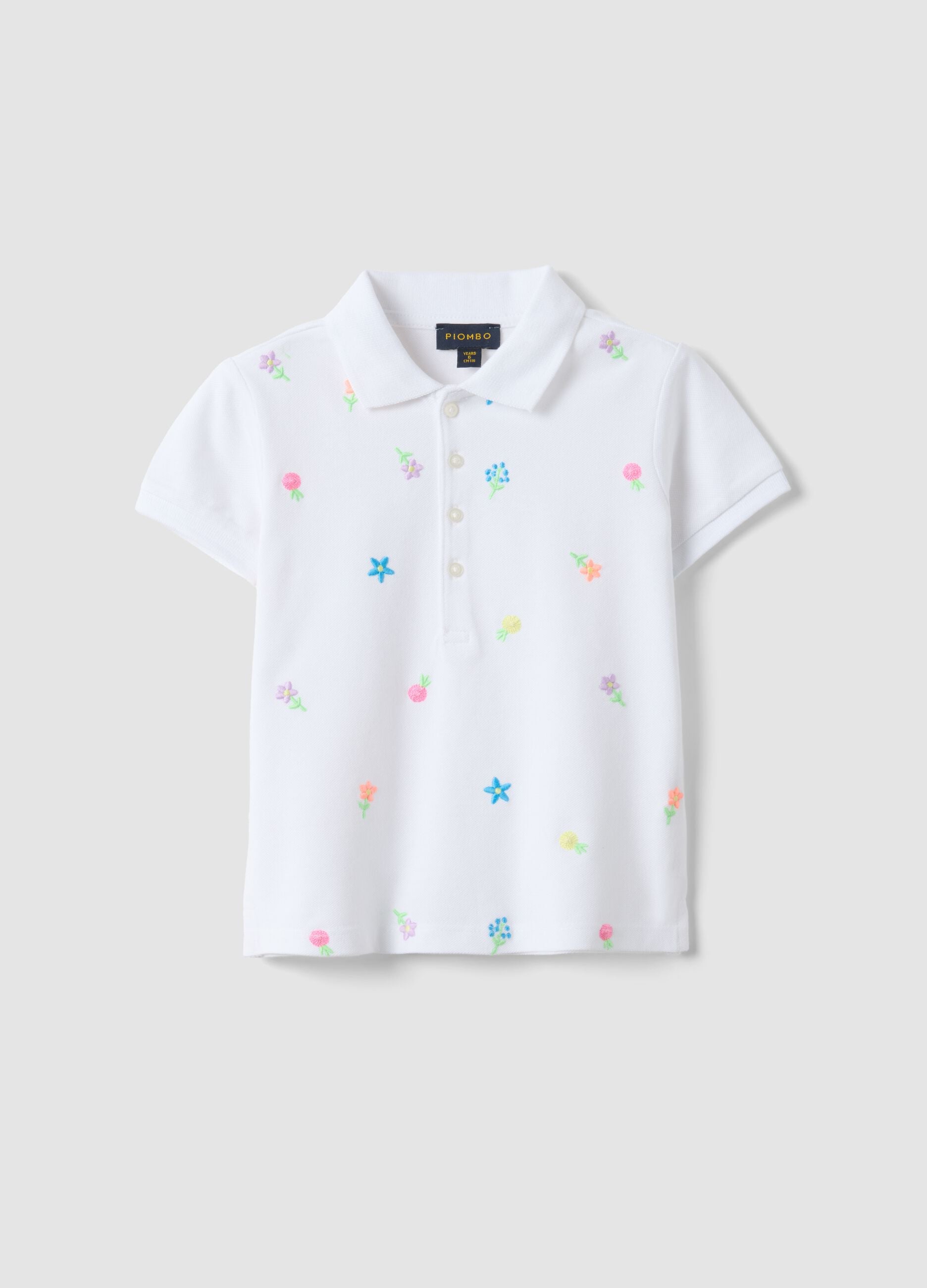 Girls' white pure cotton polo regular fit with embroidered flowers