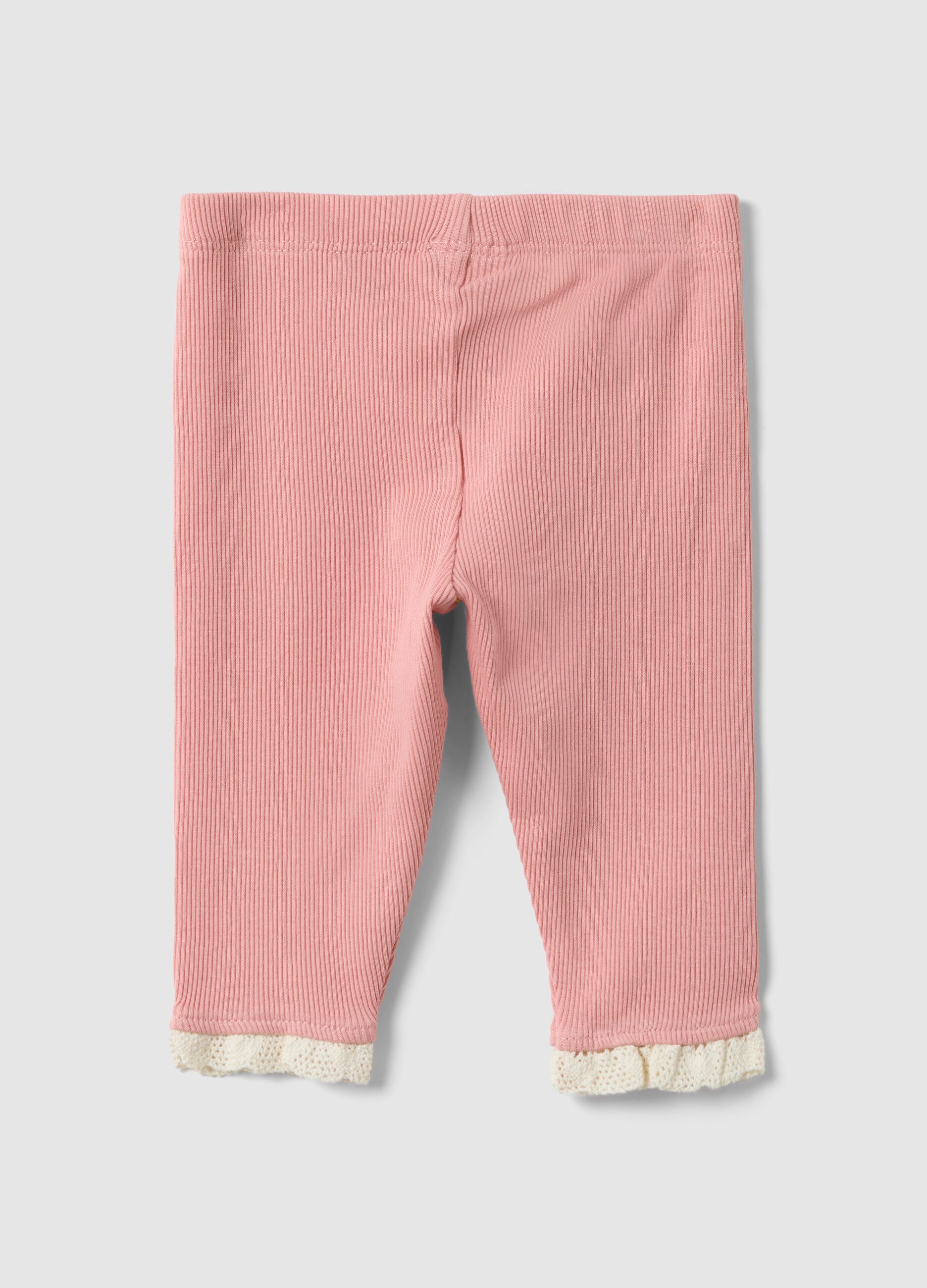 Baby girls&rsquo; pink ribbed pure cotton leggings with crochet details