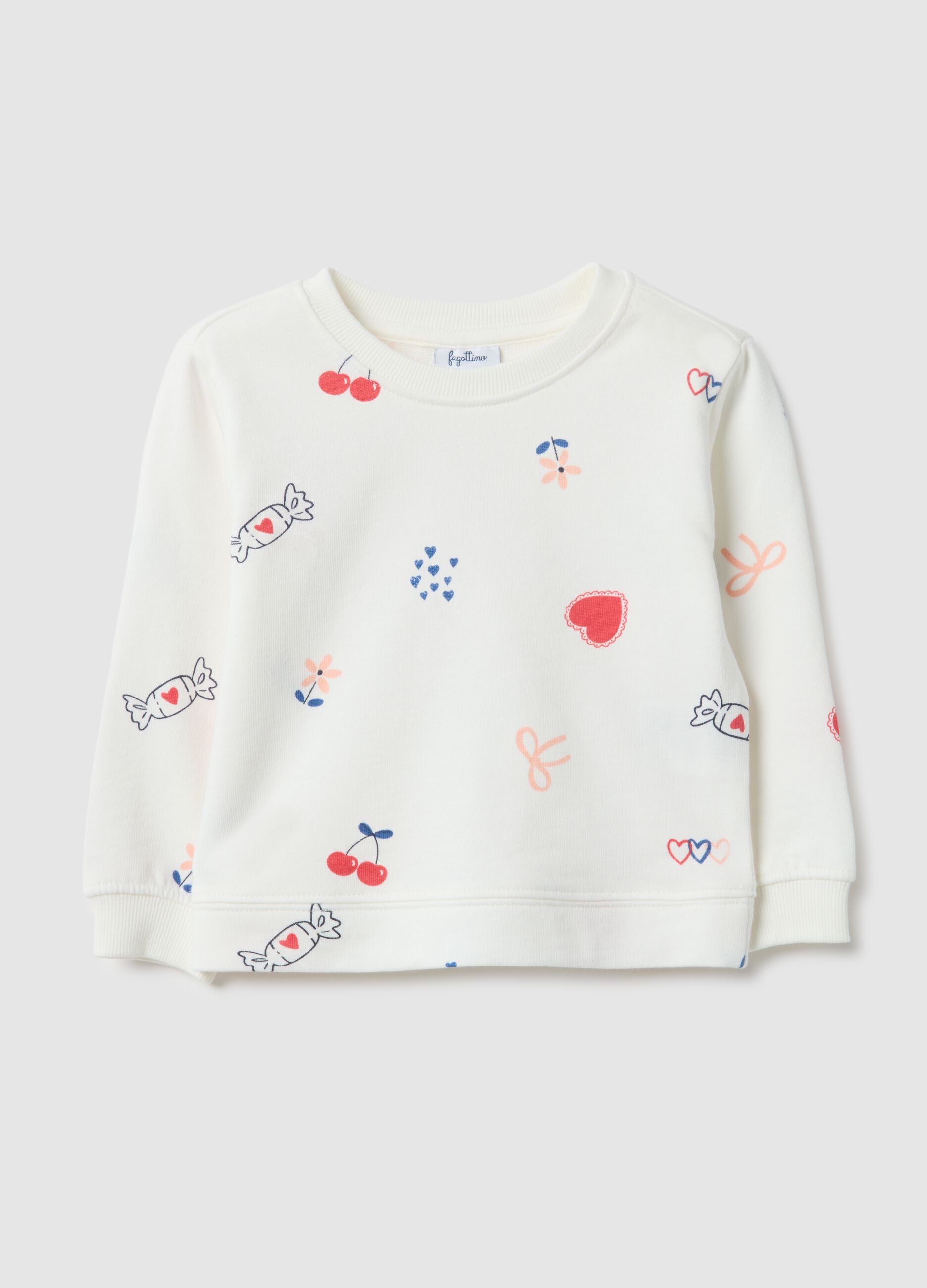 Felpa girocollo bianca da bimba in puro cotone regular fit con disegni