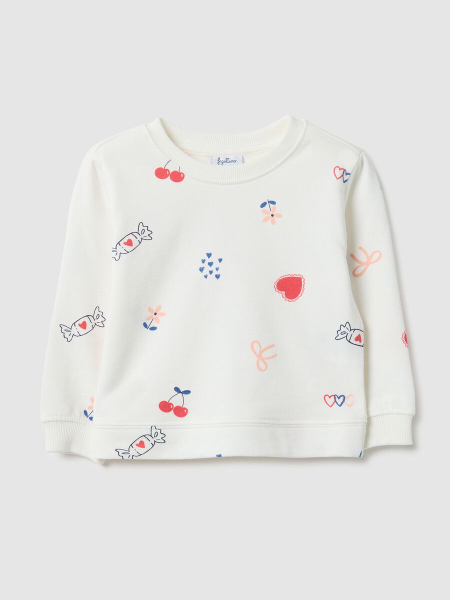 Felpa girocollo bianca da bimba in puro cotone regular fit con disegni_0