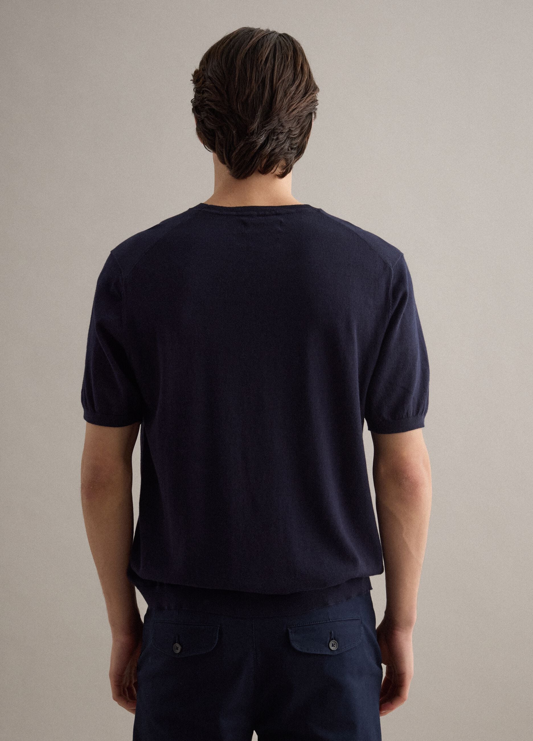 Short-sleeve T-shirt in blue cotton, linen and silk blend regular fit