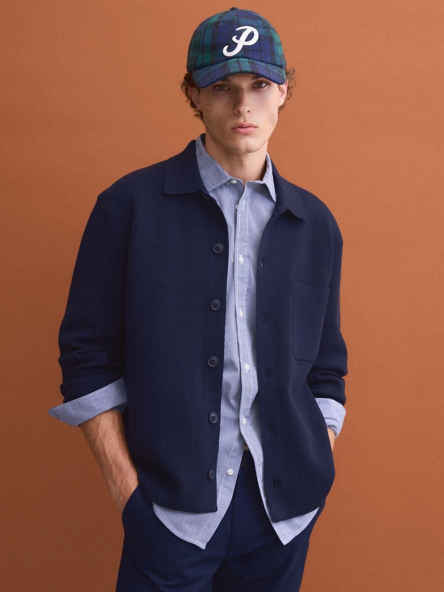 Cardigan blu con colletto in misto cotone regular fit_0