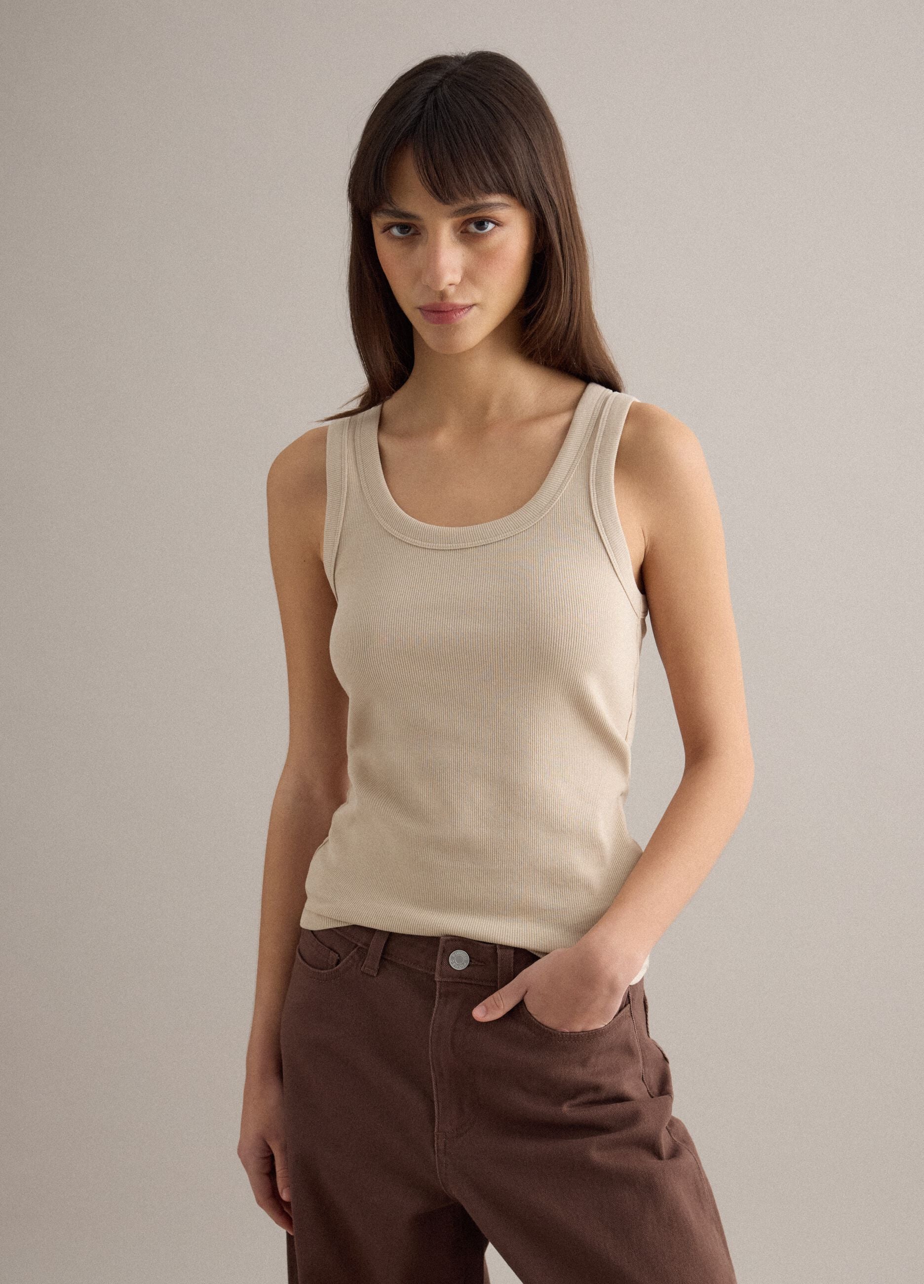 Beige stretch cotton regular-fit tank top