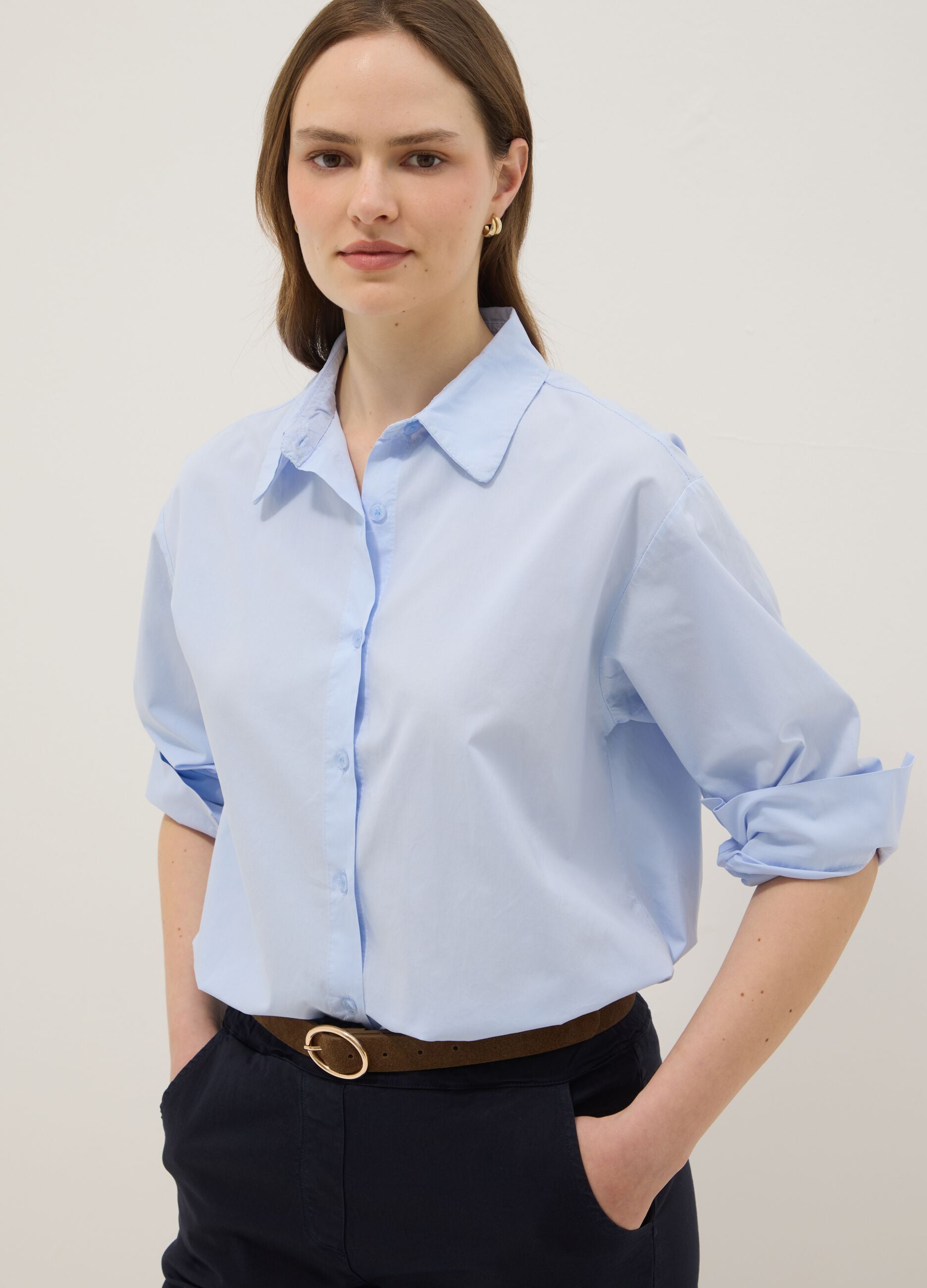 Sky-blue pure cotton slim-fit shirt