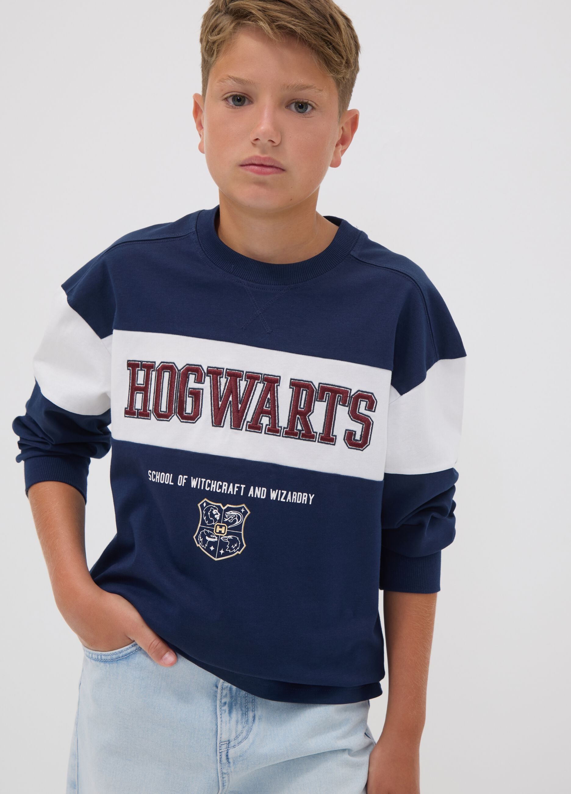 T-shirt blu in puro cotone con girocollo e stampa Harry Potter per ragazzo