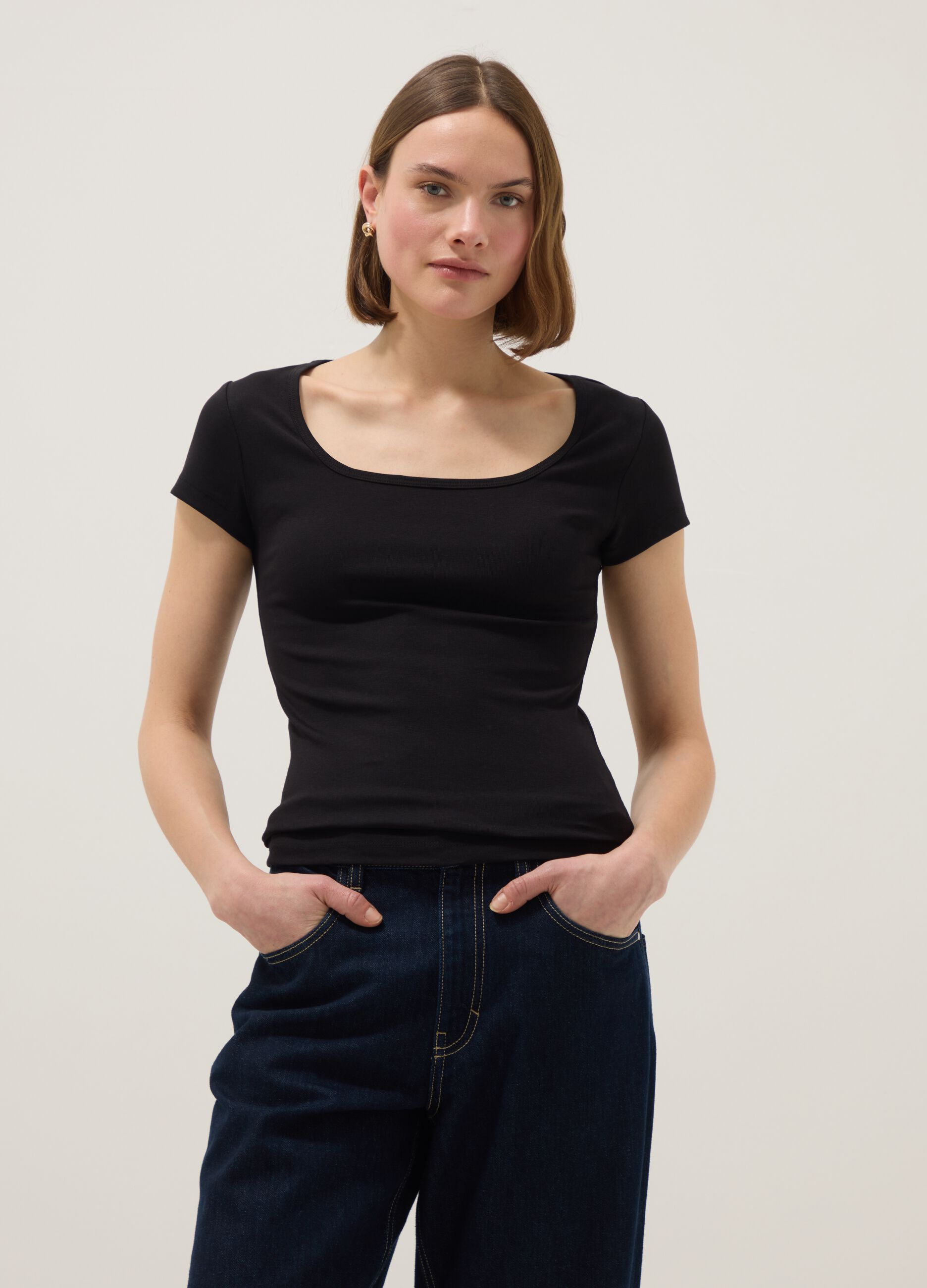Black fitted stretch cotton T-shirt with square neckline