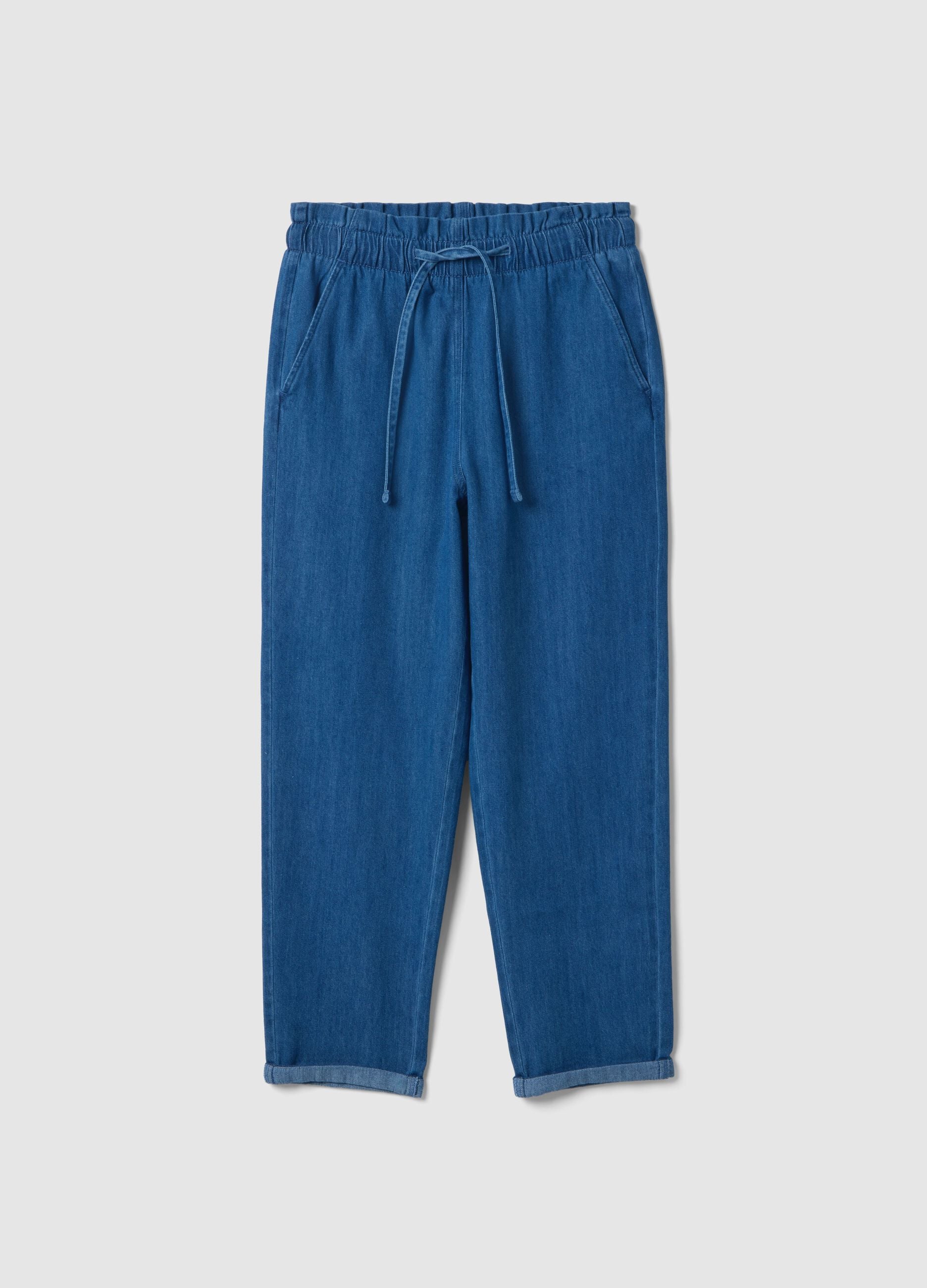 Paper bag trousers in pure blue denim cotton regular fit
