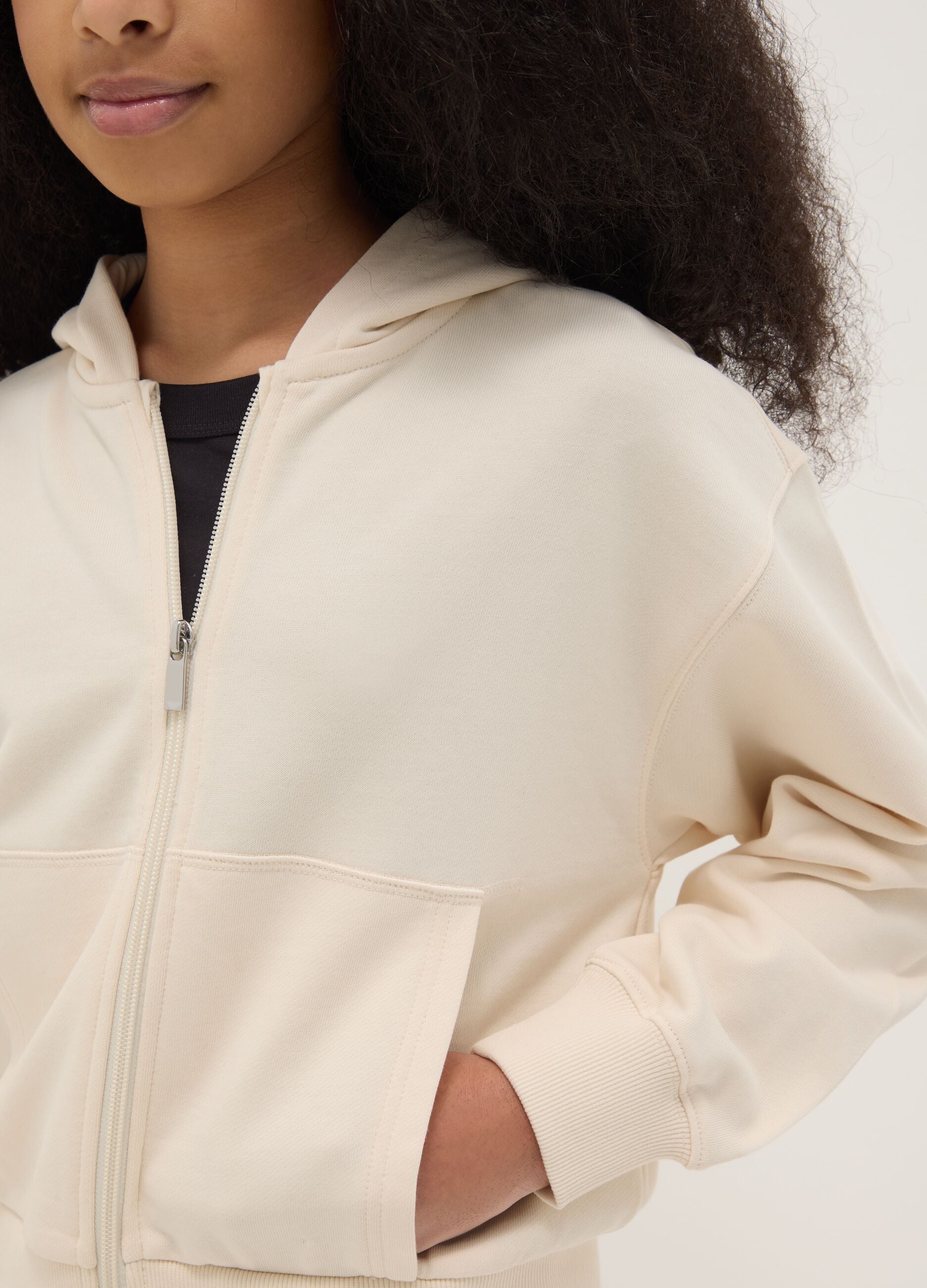 Girl's beige pure cotton hoodie in relaxed fit