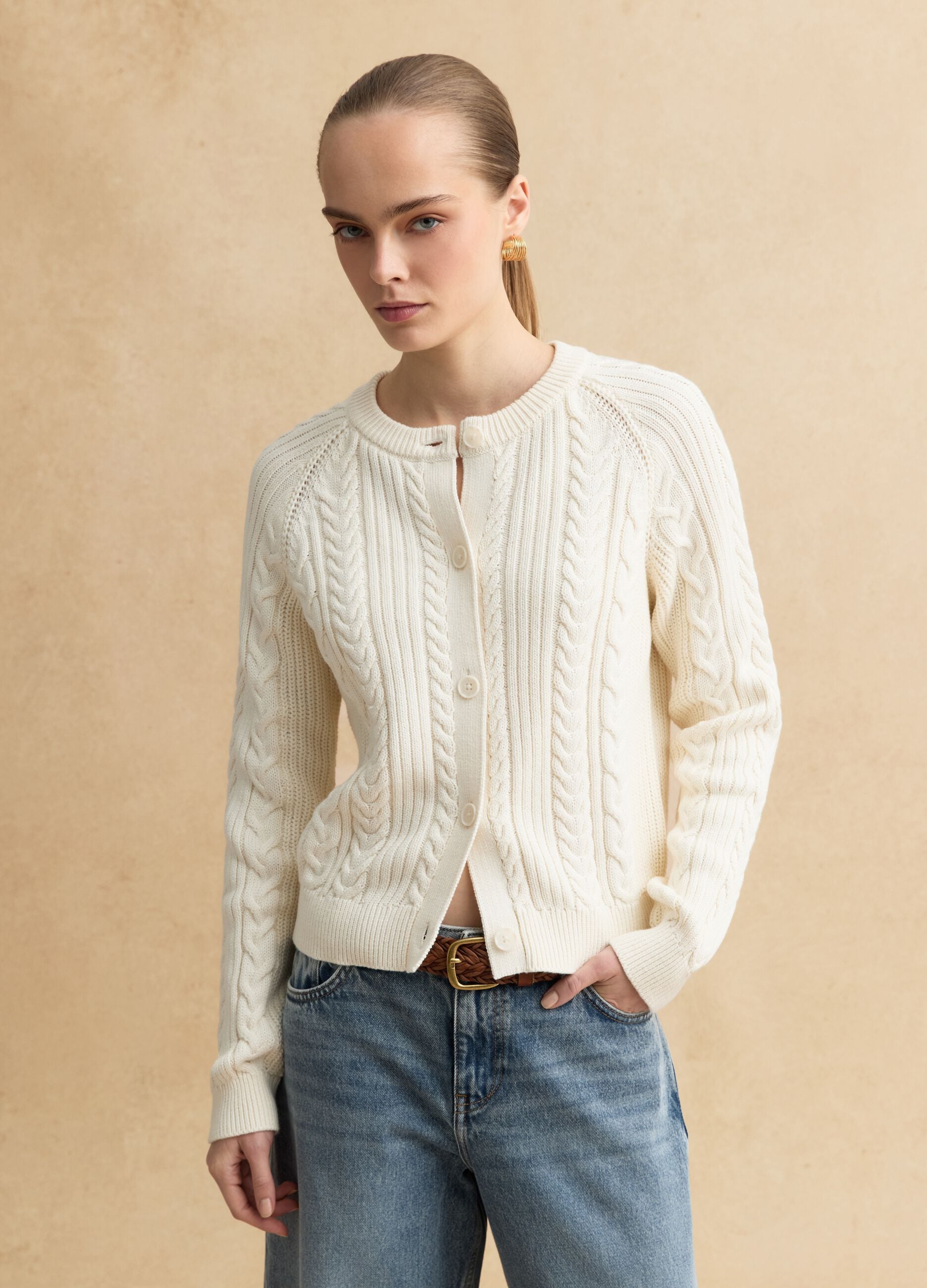 White pure cotton cardigan regular fit with interwoven design