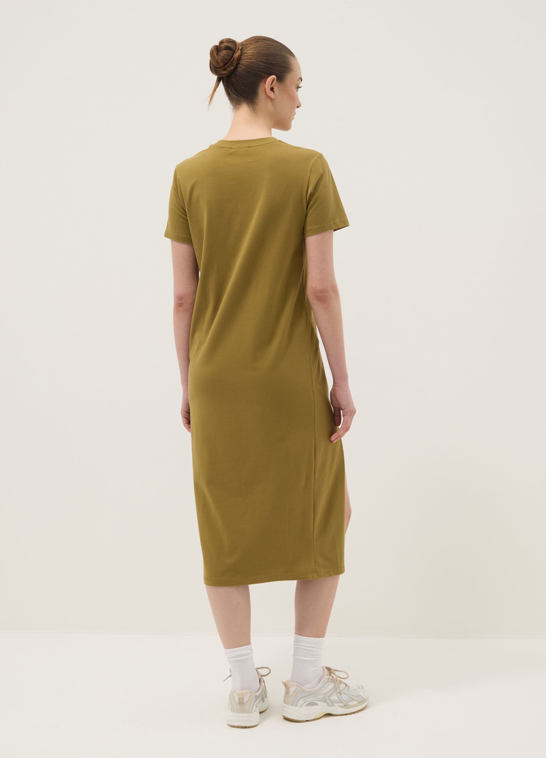 Green midi dress in stretch cotton with side slit