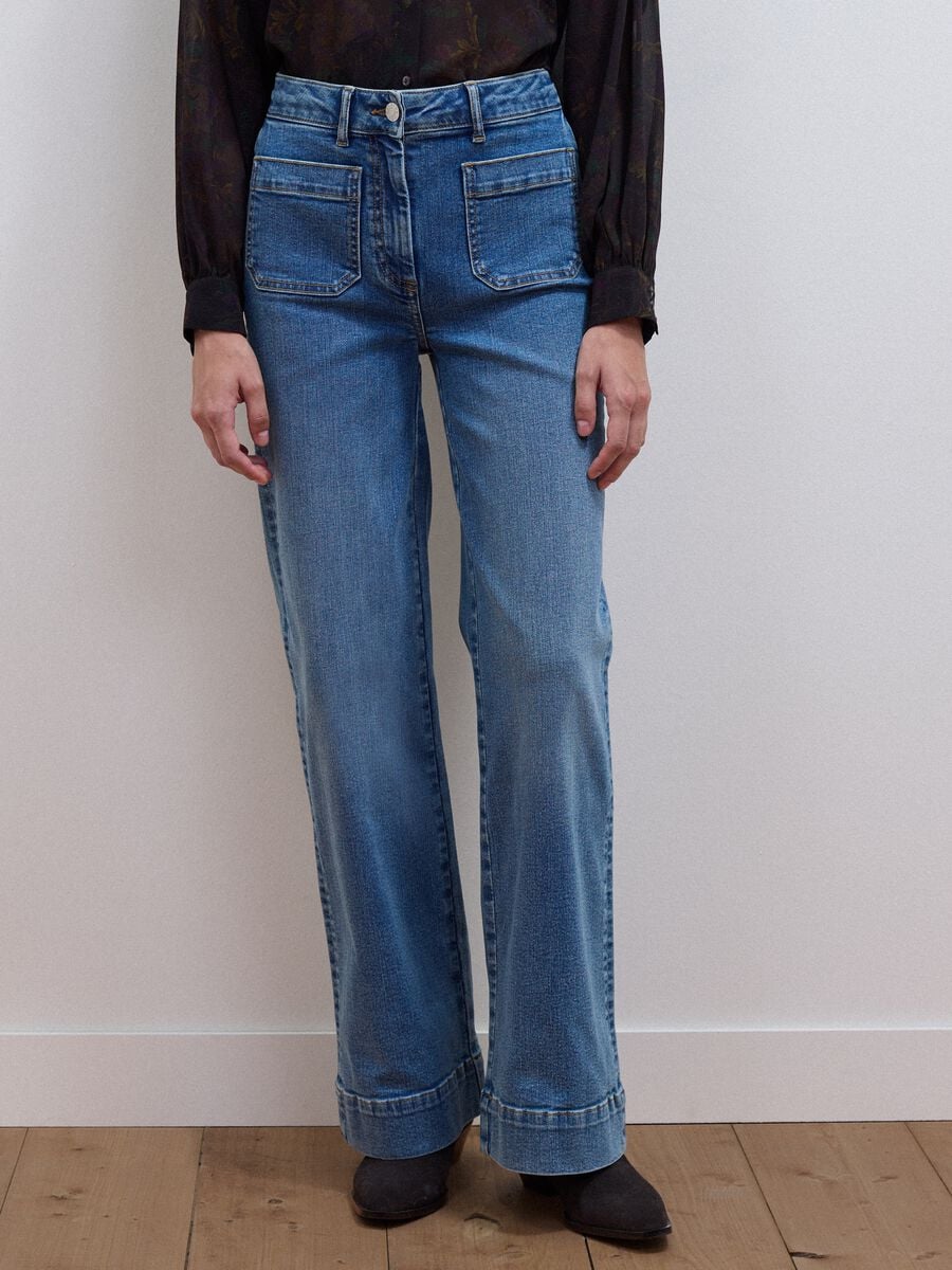 Jeans blu wide leg in cotone elasticizzato_1