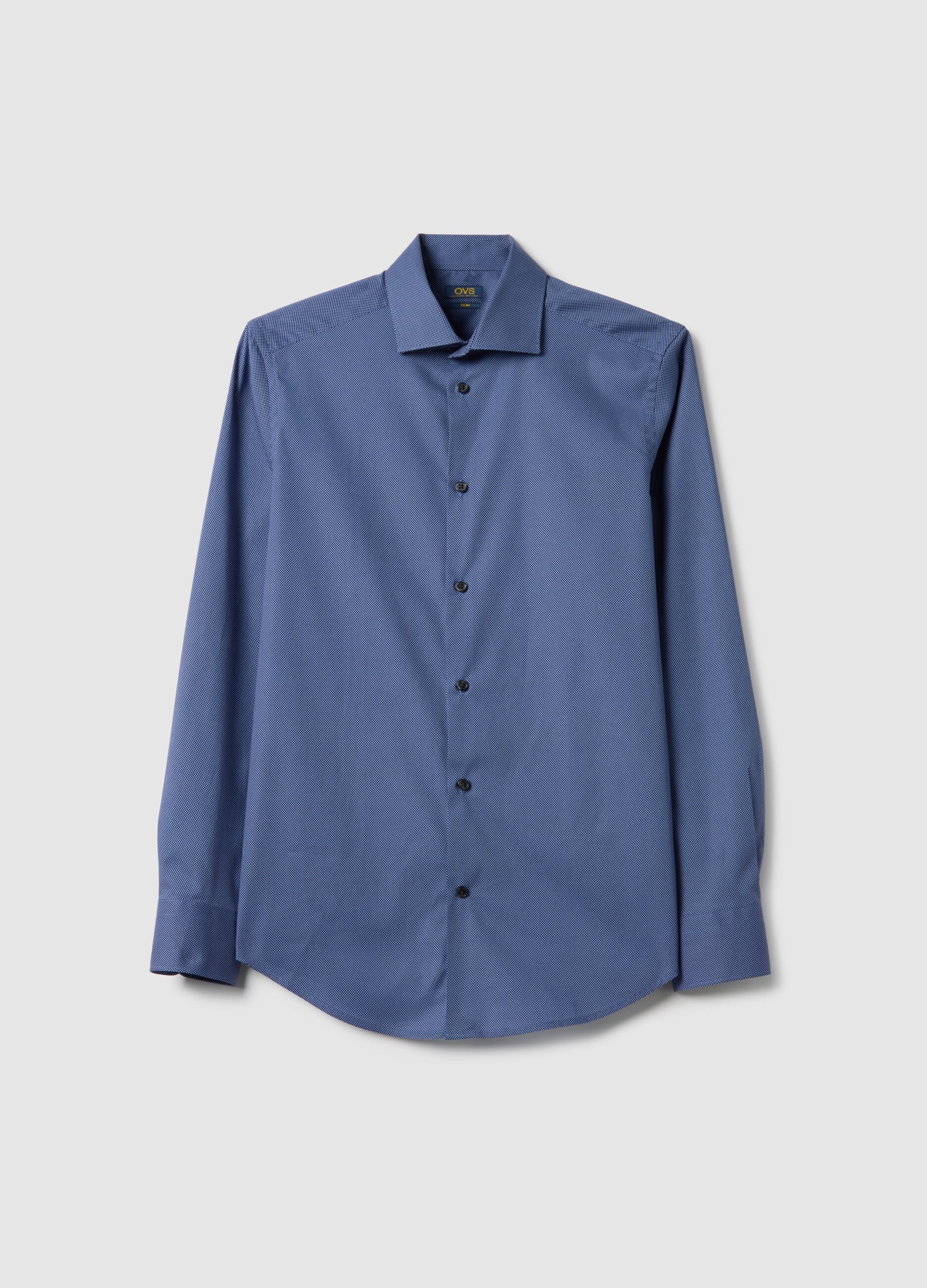 Blue stretch cotton shirt with micro checks, slim fit