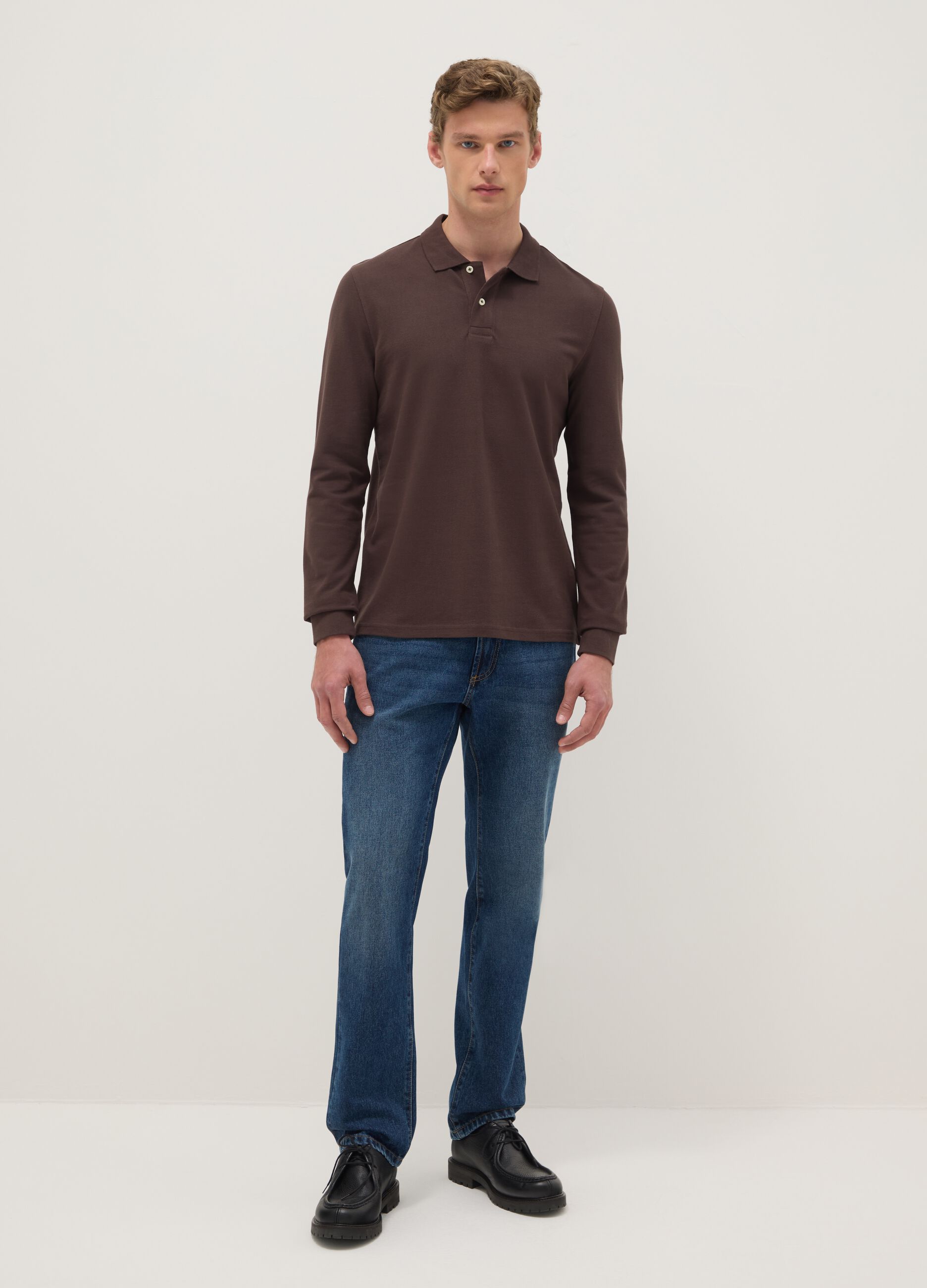 Brown long sleeve polo in pure cotton regular fit