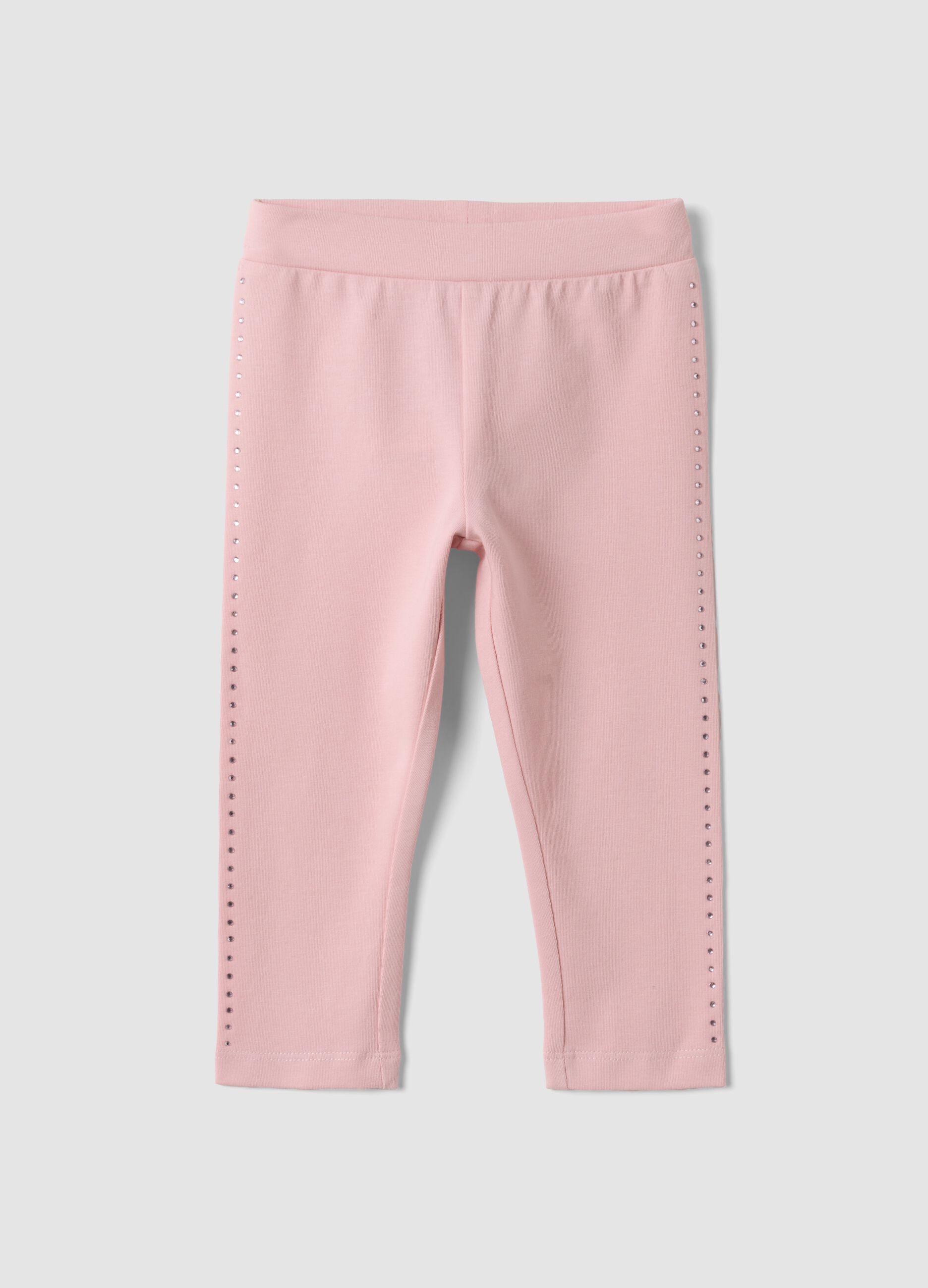 Pink stretch organic cotton leggings with rhinestones for baby girl