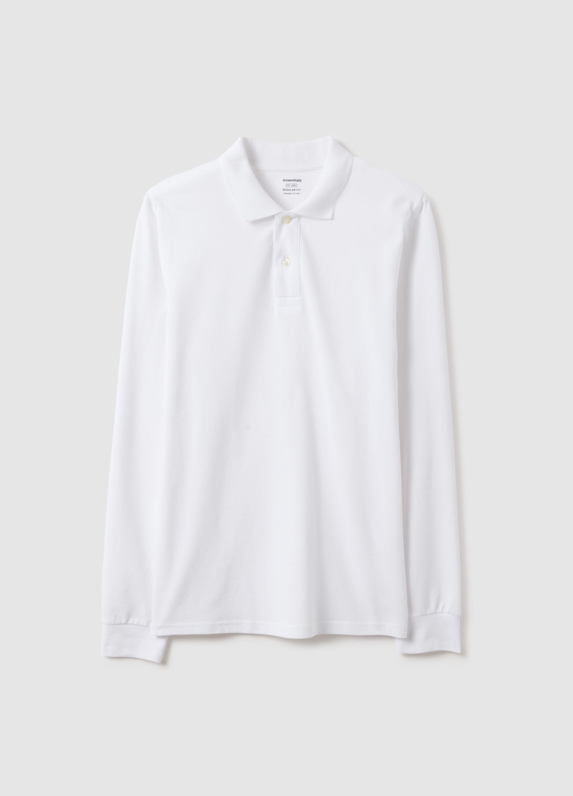 White long-sleeve cotton polo shirt, regular fit