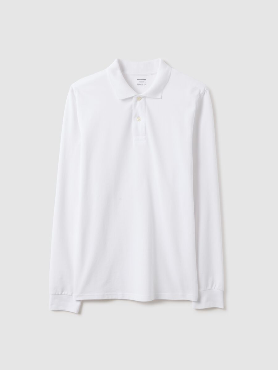 White long-sleeve cotton polo shirt, regular fit_4