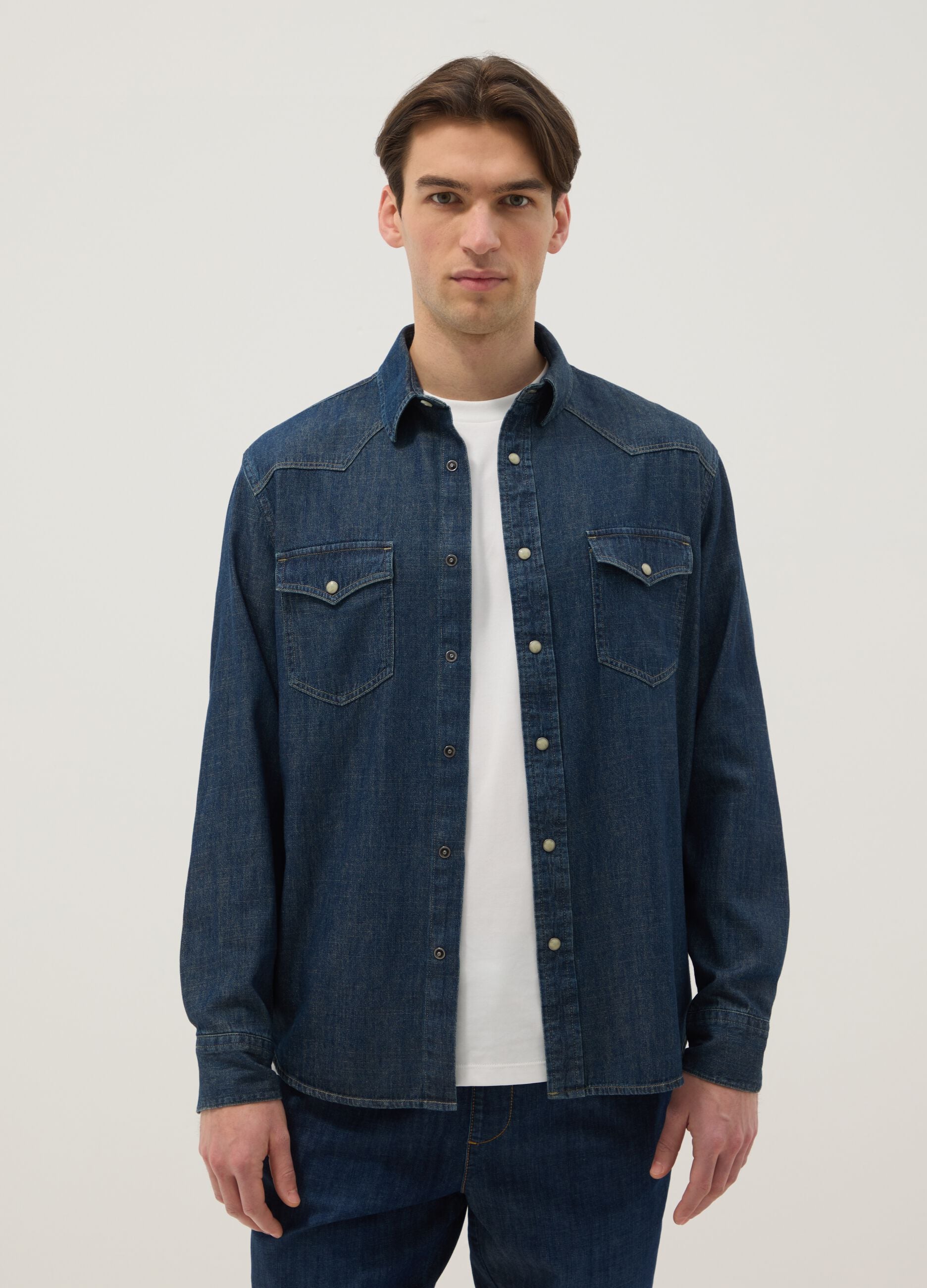 Blue pure cotton denim shirt regular fit with pockets