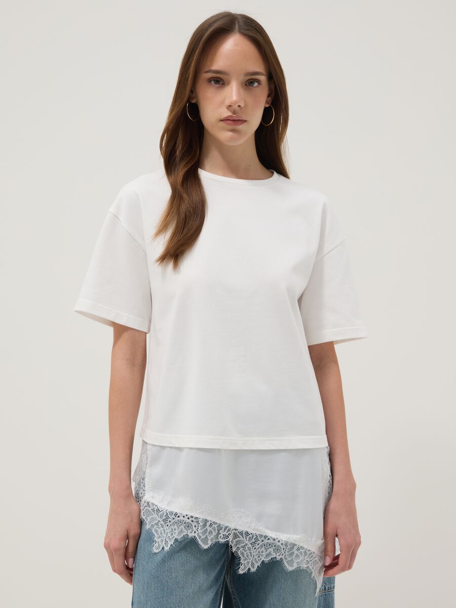 White pure cotton T-shirt with lace insert, relaxed fit_0