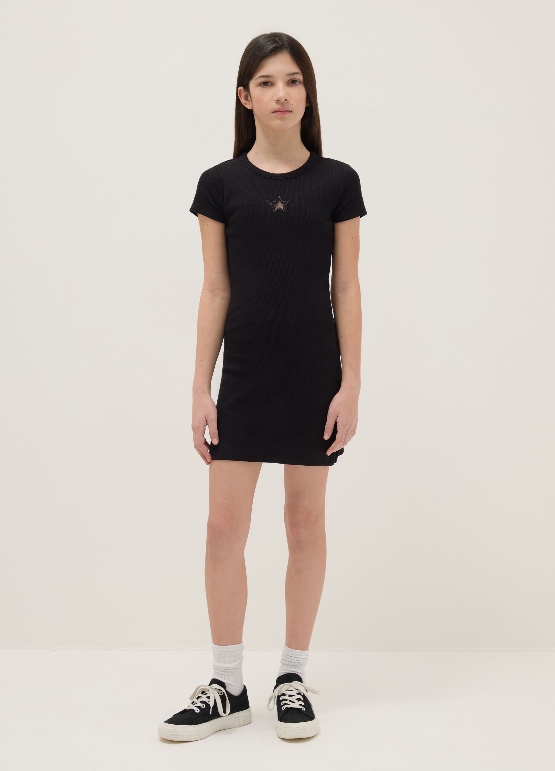 Elasticated Cotton Black Fitted Dress for Girls with Star