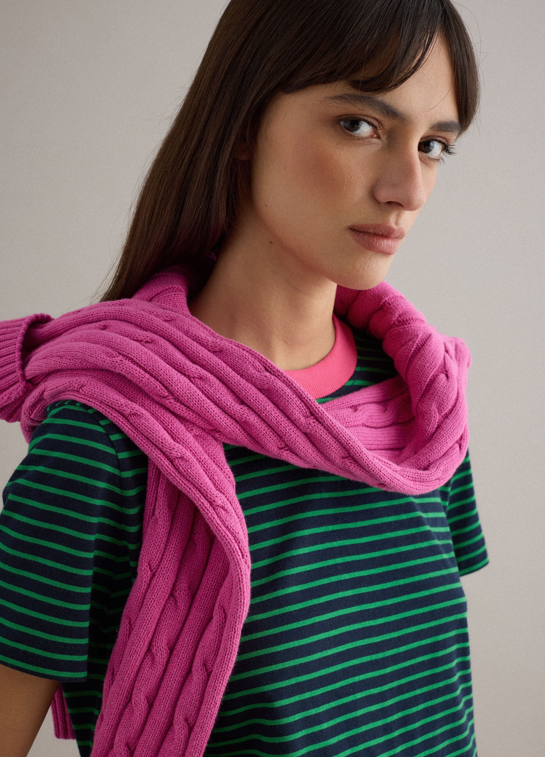 Green striped pure cotton regular fit T-shirt