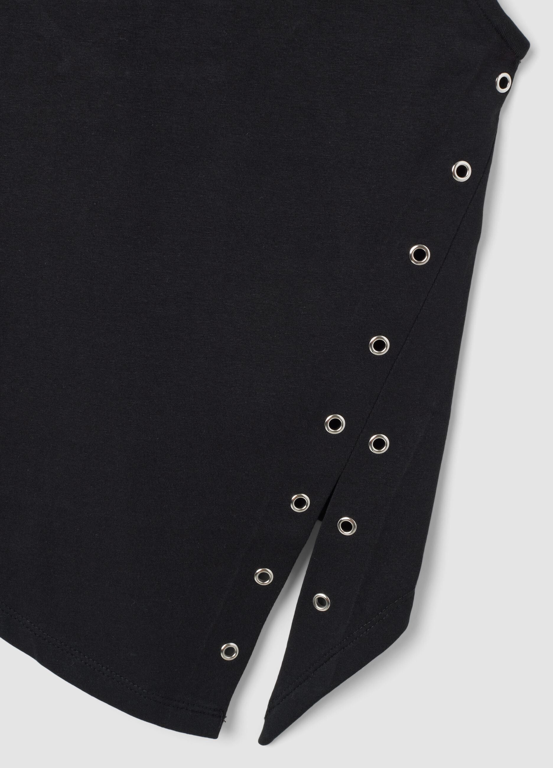 Black stretch-cotton top with asymmetric hem and metal eyelets
