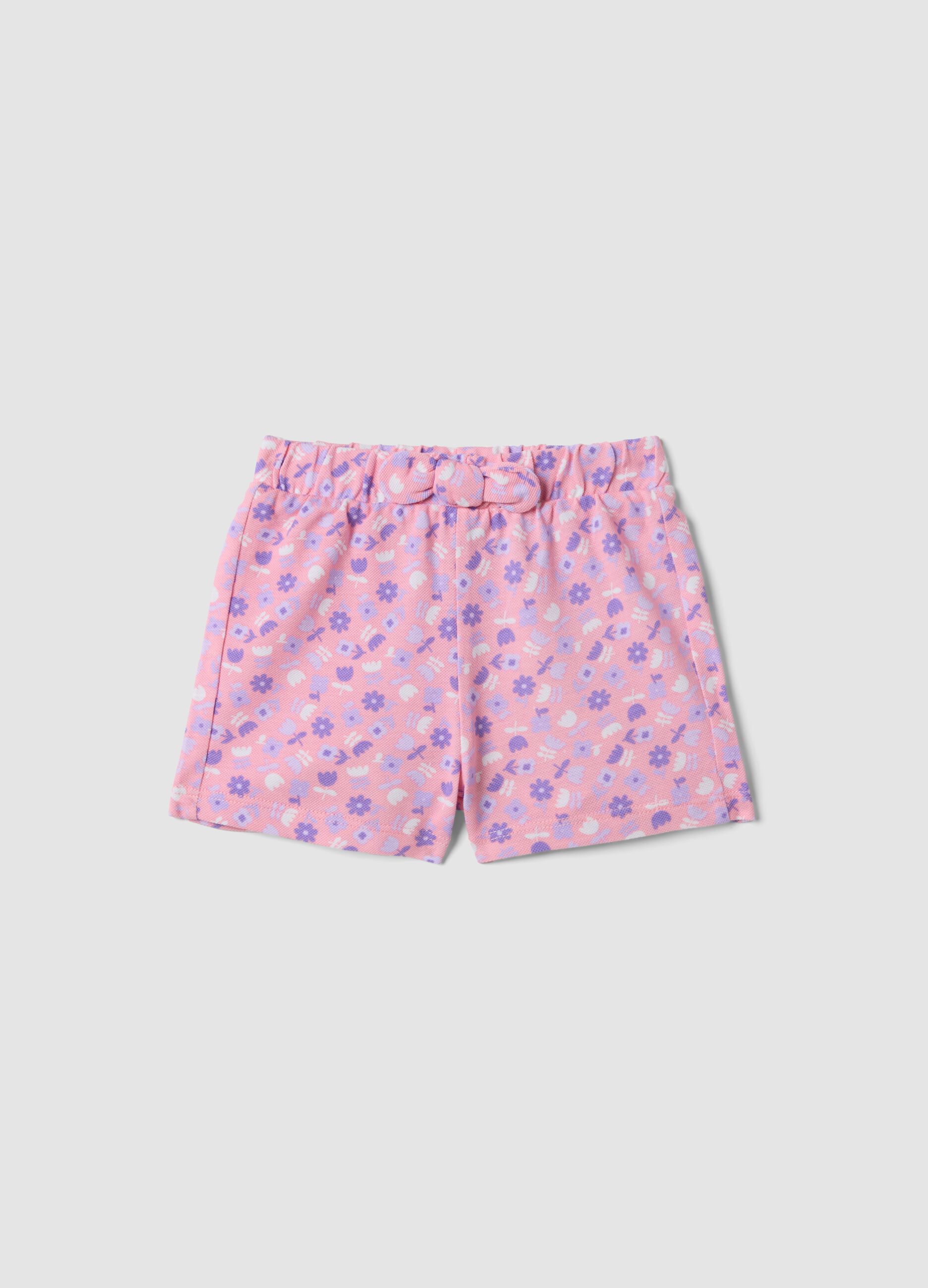 Pink pure cotton floral shorts for baby girl, regular fit