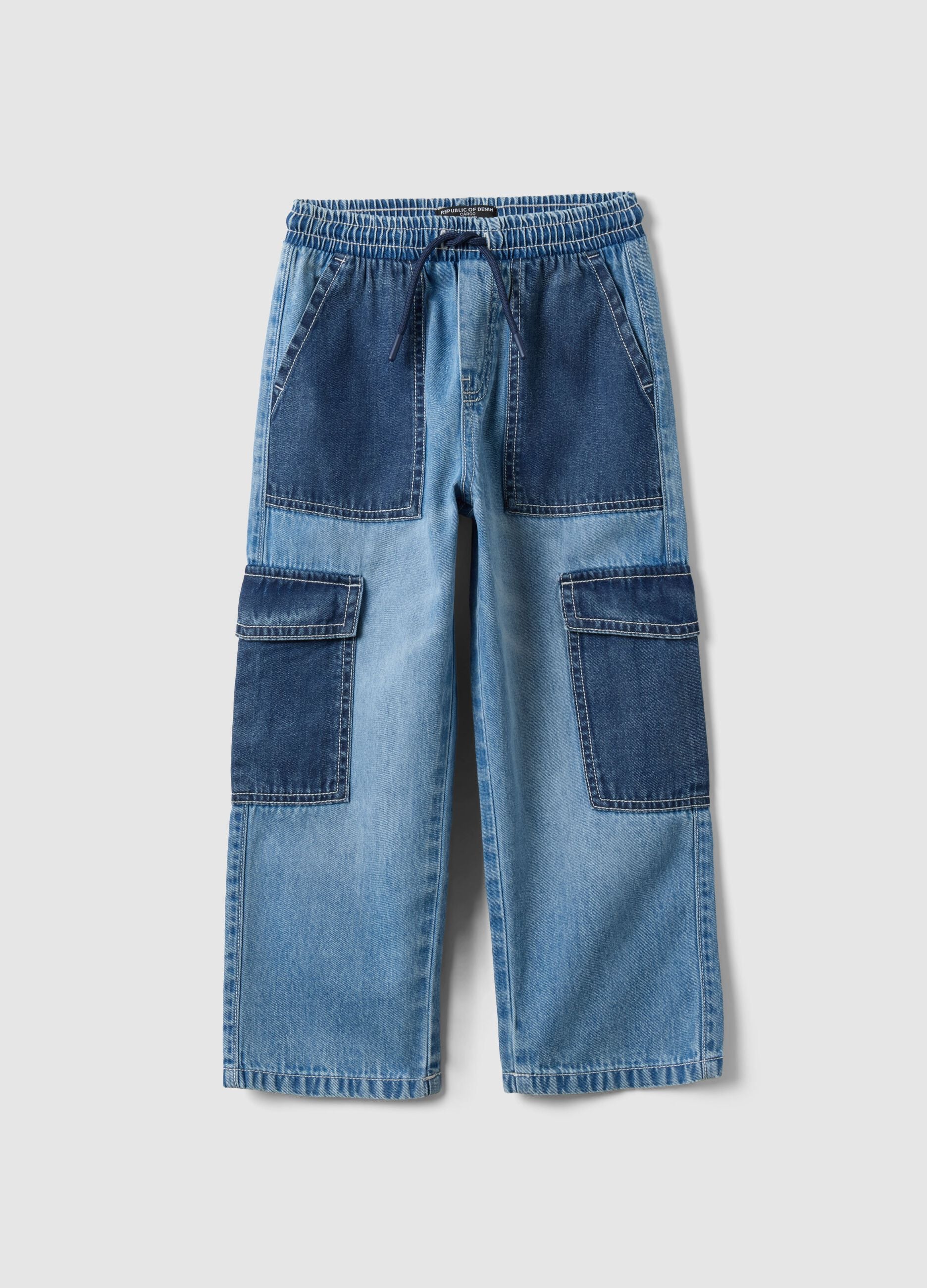 Multicoloured pure cotton denim cargo joggers for children with relaxed fit