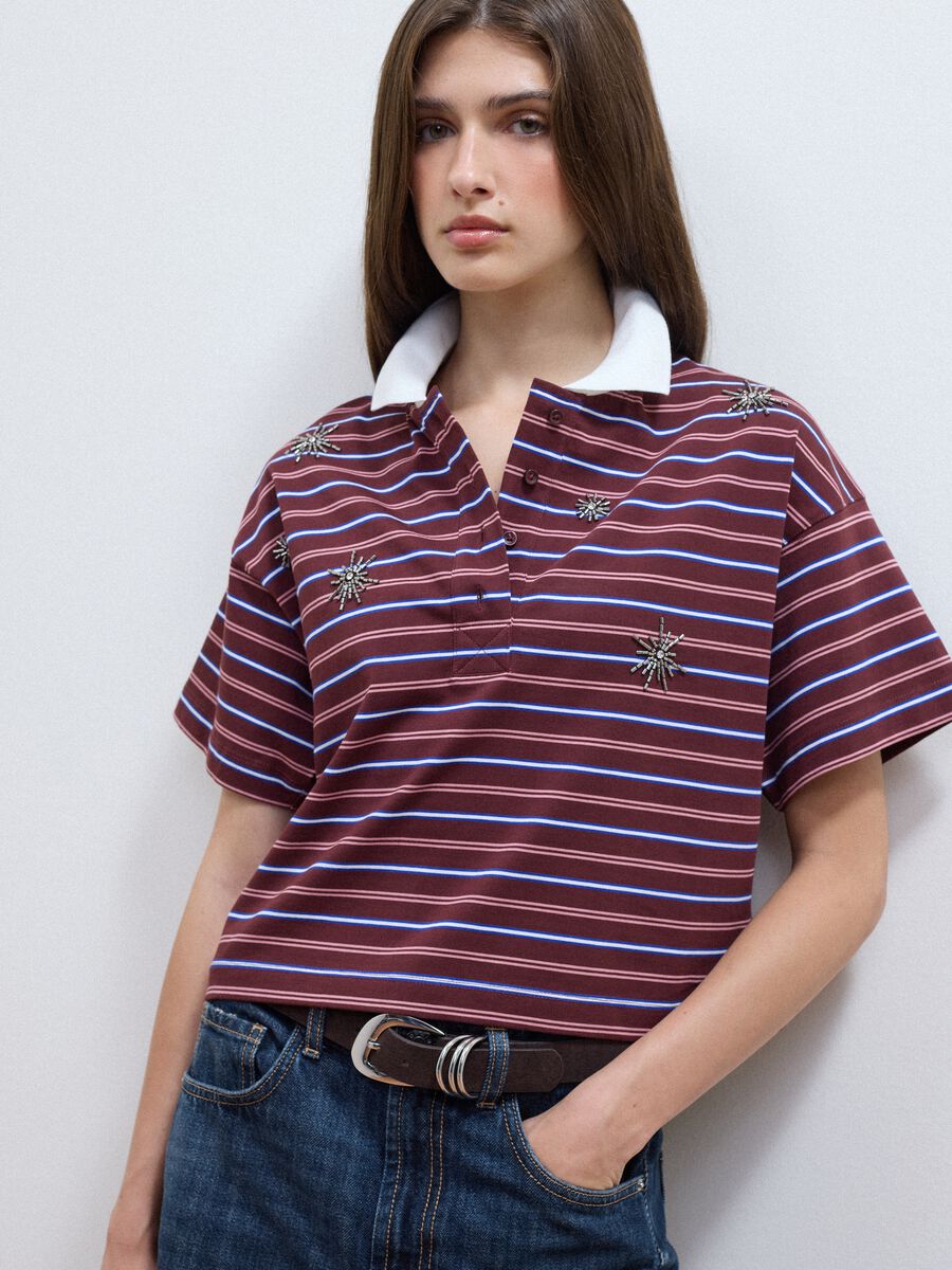 Polo multicolor in puro cotone a righe con colletto over fit_0