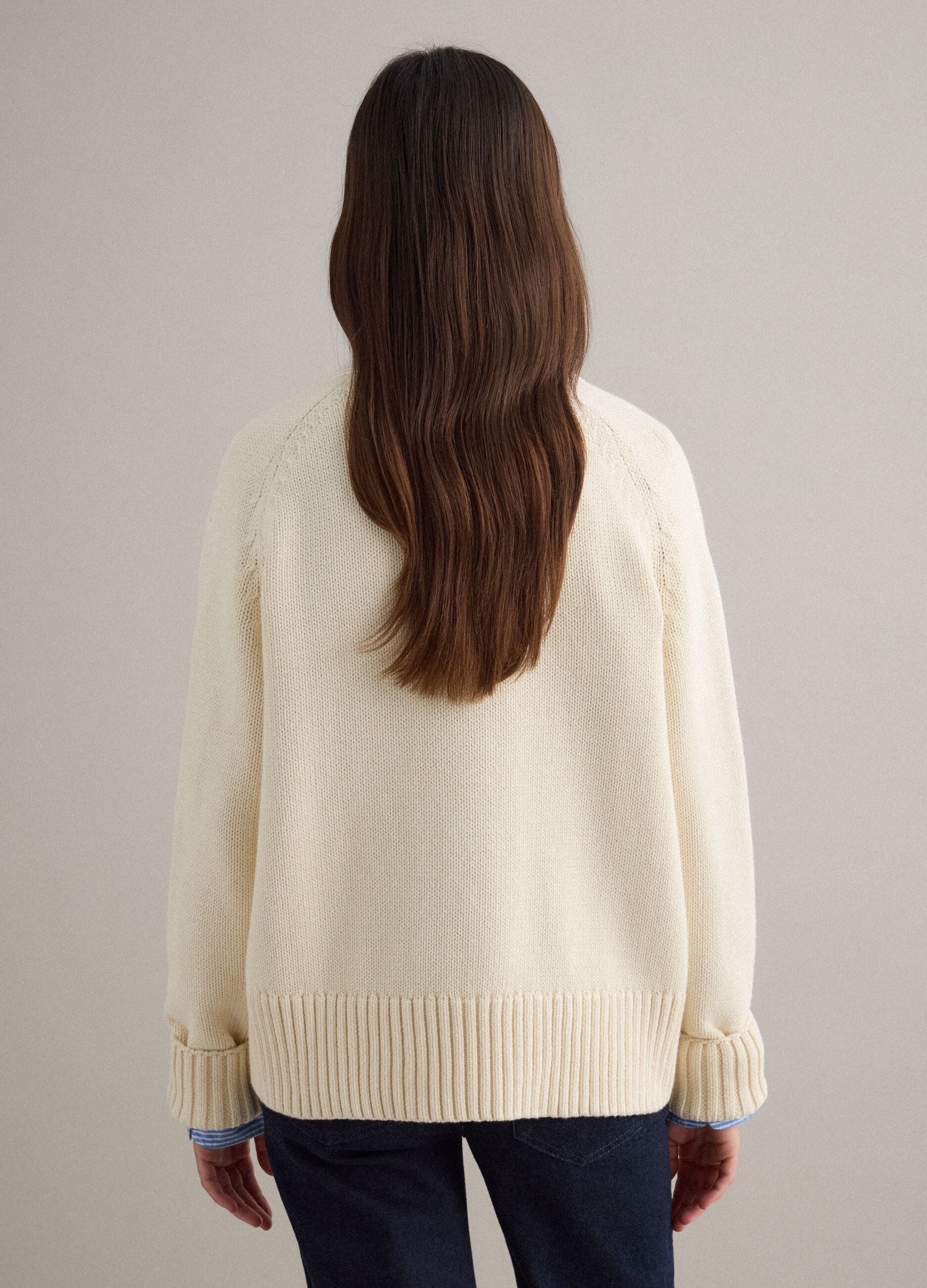 Beige cardigan in pure cotton oversized fit with deep V-neck