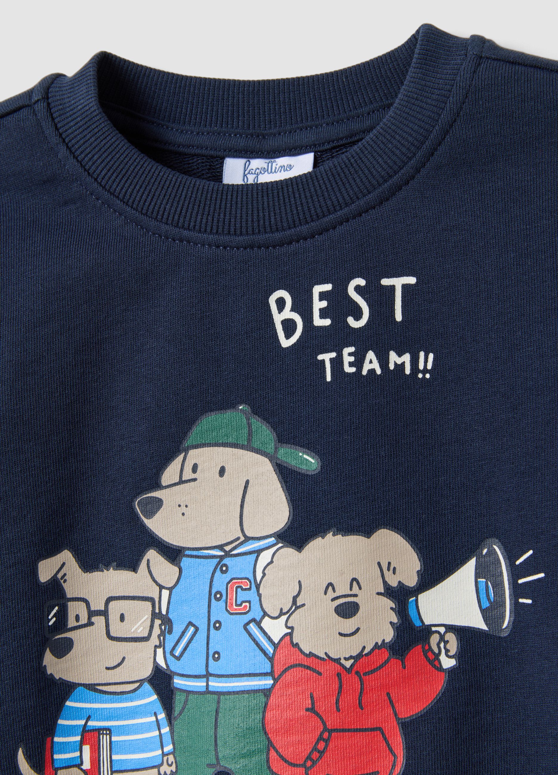 Felpa blu in puro cotone con girocollo e stampa per bimbo regular fit