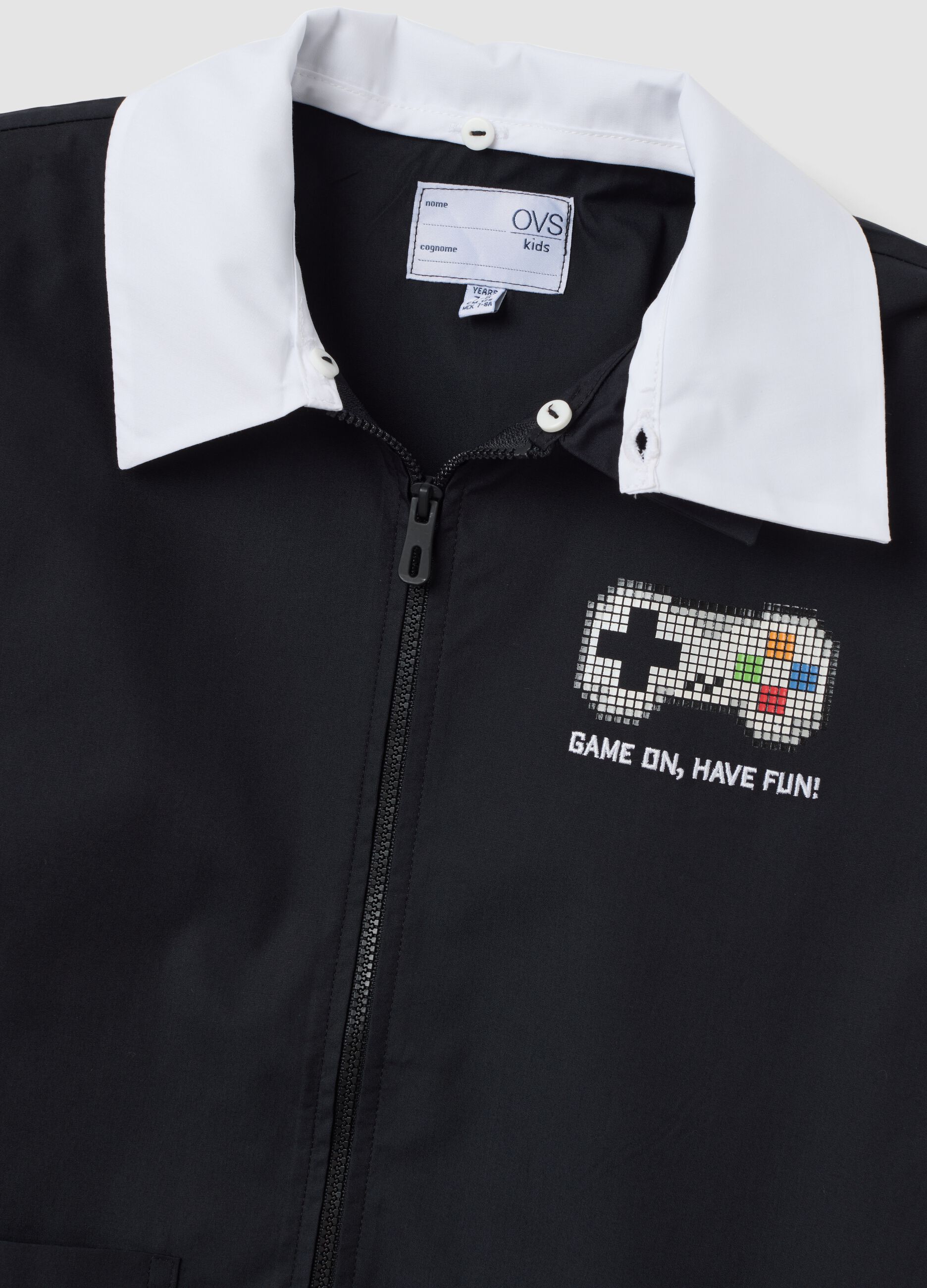 Customisable black school apron for boys with gaming print