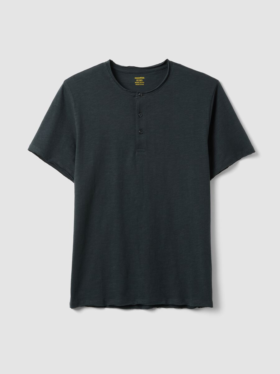 Black regular fit pure cotton T-shirt with henley collar_4