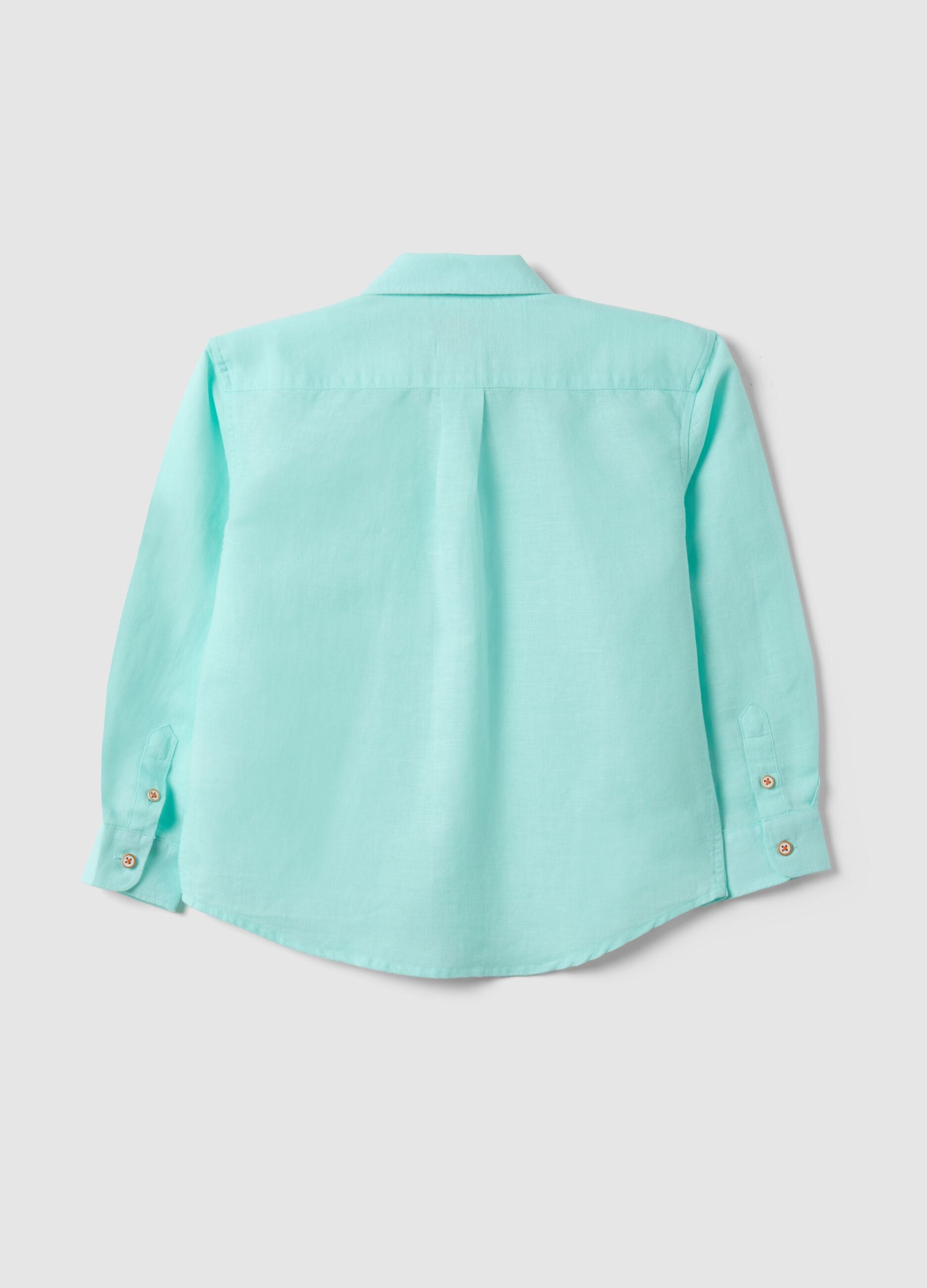 Regular fit blue linen blend boys' shirt with embroidery