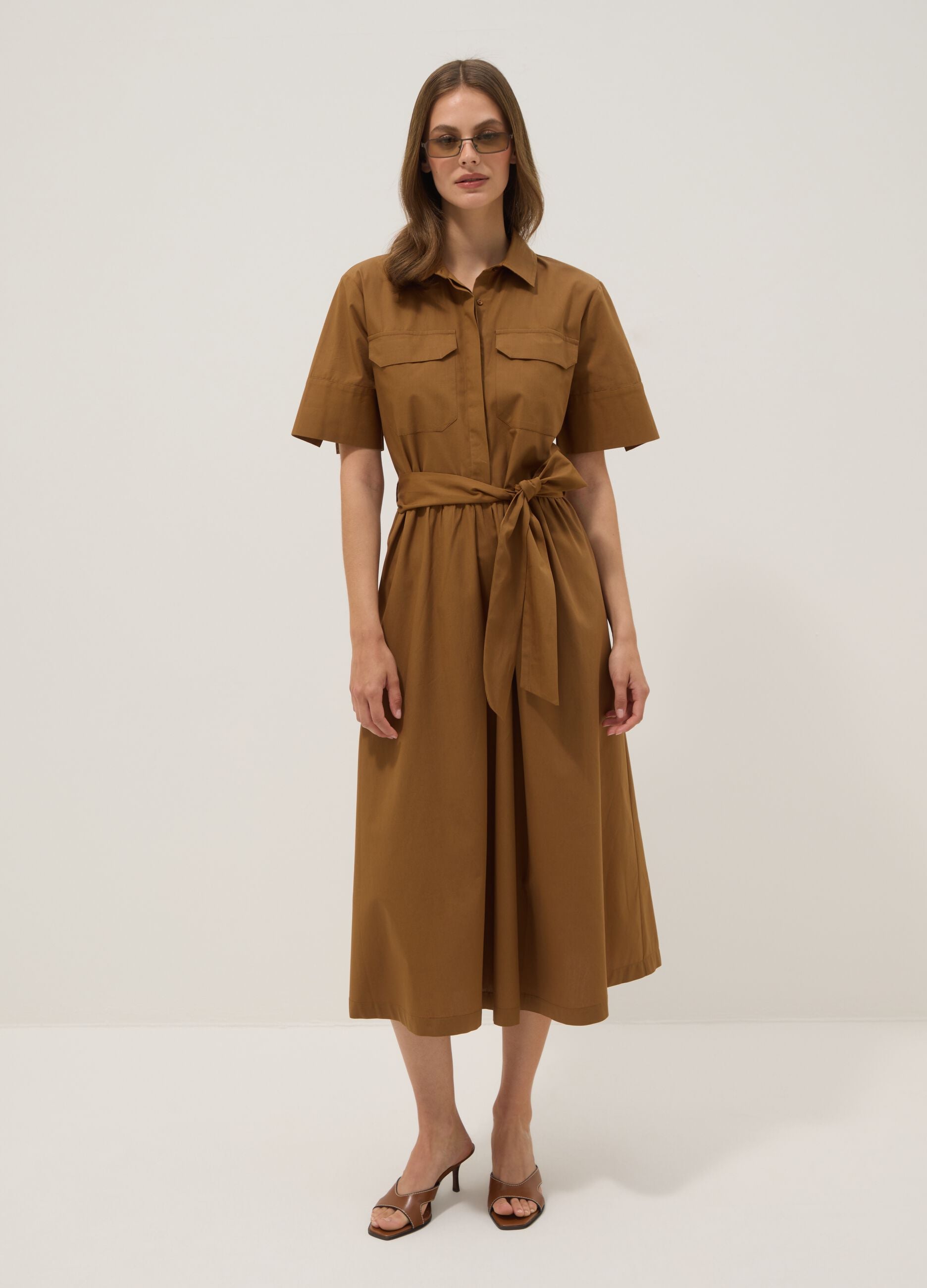 Brown pure cotton shirt dress with tie belt, regular fit