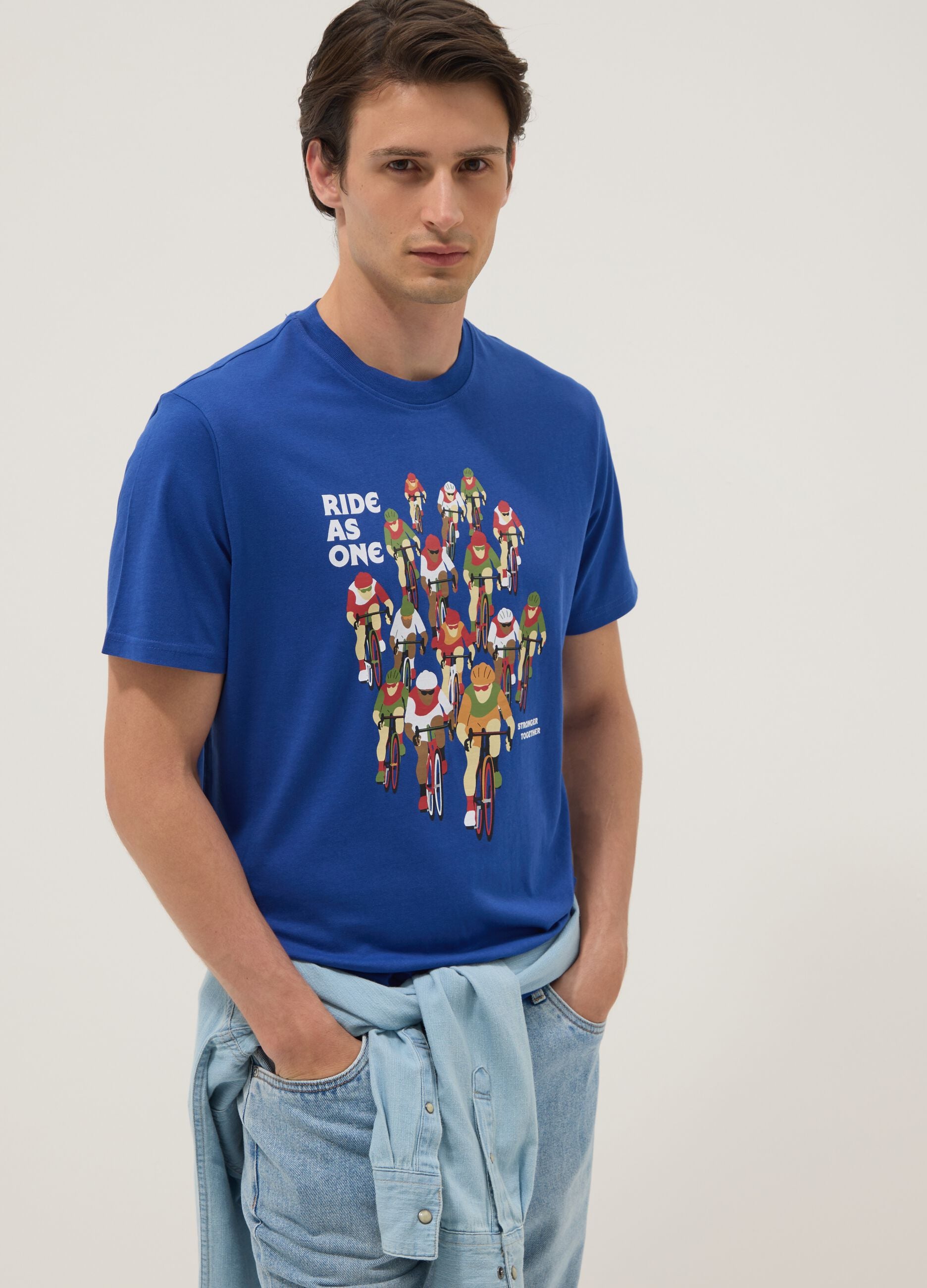 Blue pure cotton T-shirt with print, regular fit