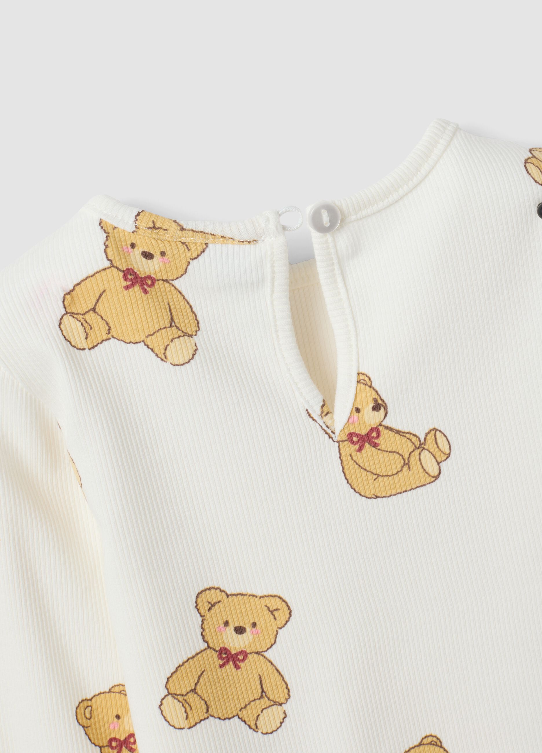 White stretchy organic cotton T-shirt with teddy bear print for baby girl