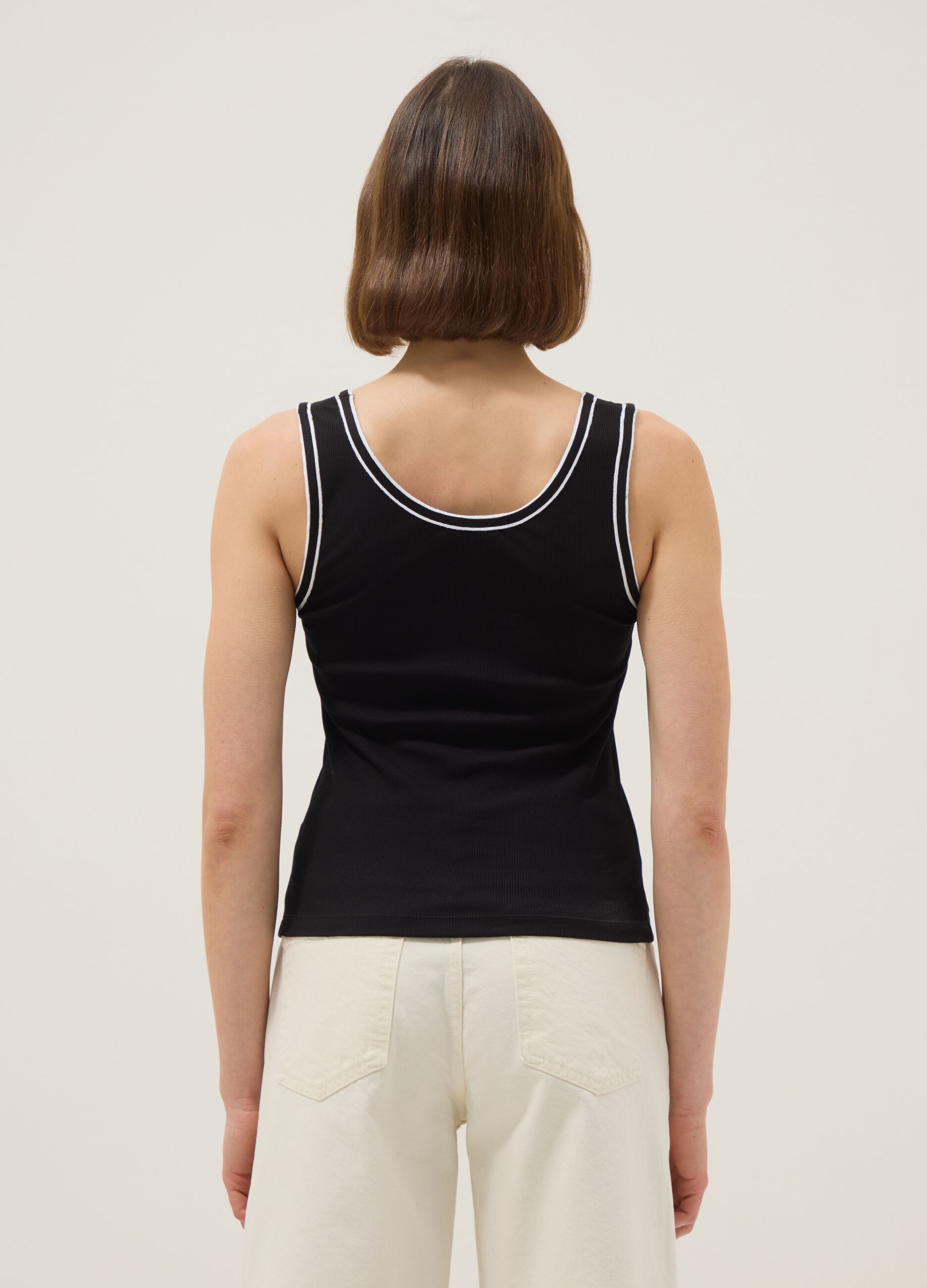 Black stretchy cotton regular fit tank top with trim