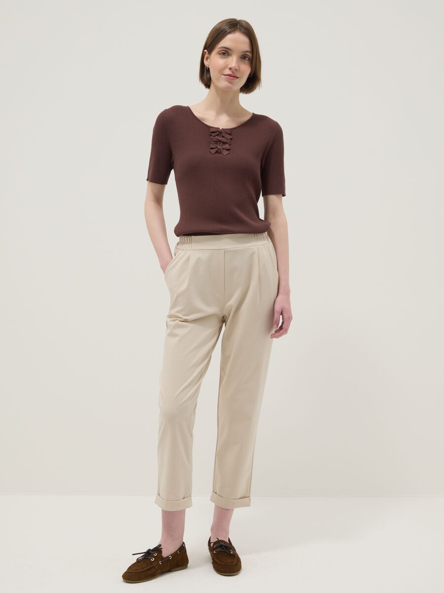 Beige Stretch Cotton Blend Regular Fit Trousers_1